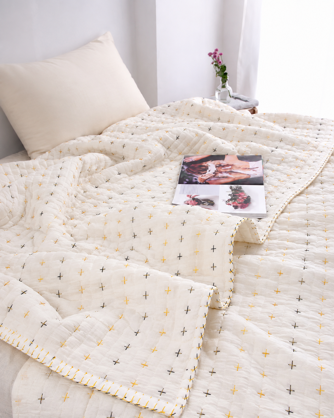 Premium Handmade Organic Solid Kantha Blanket Quilt