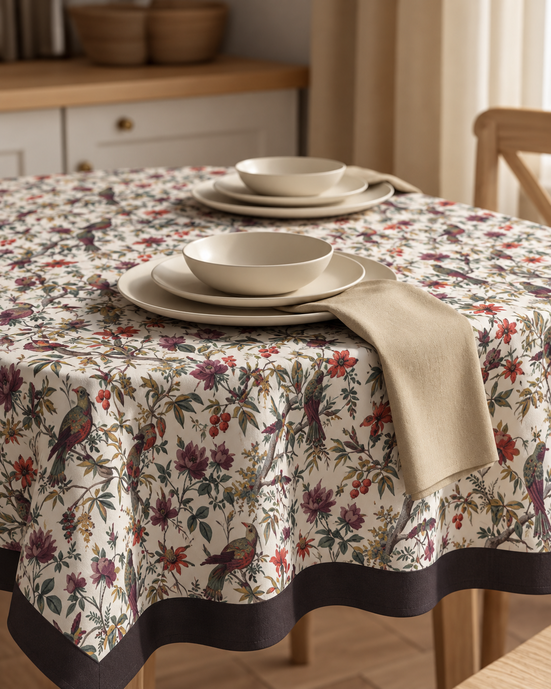 Floral Bird & Botanical Printed Table Cover with Border
