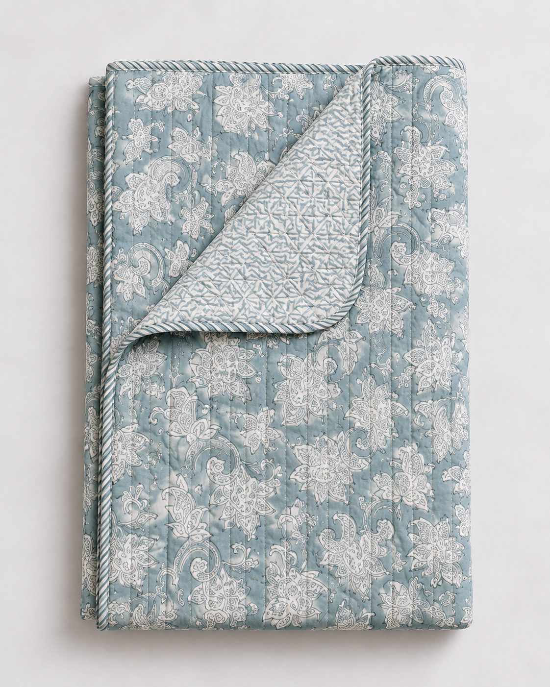 Grey Paisley Malmal Reversible Single Bed Quilt with Chevron Reverse