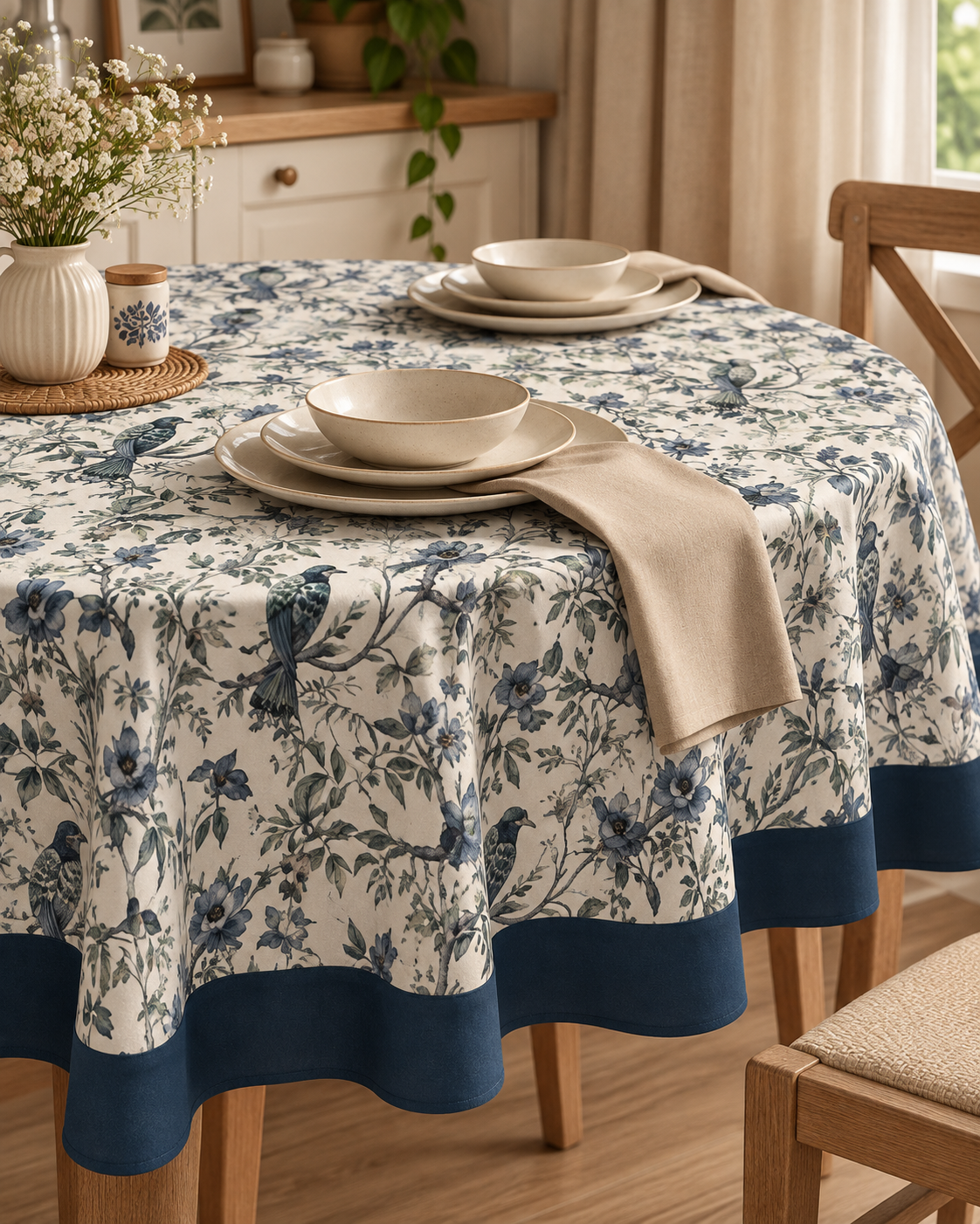 Blue Floral Bird Print Table Cover with Border