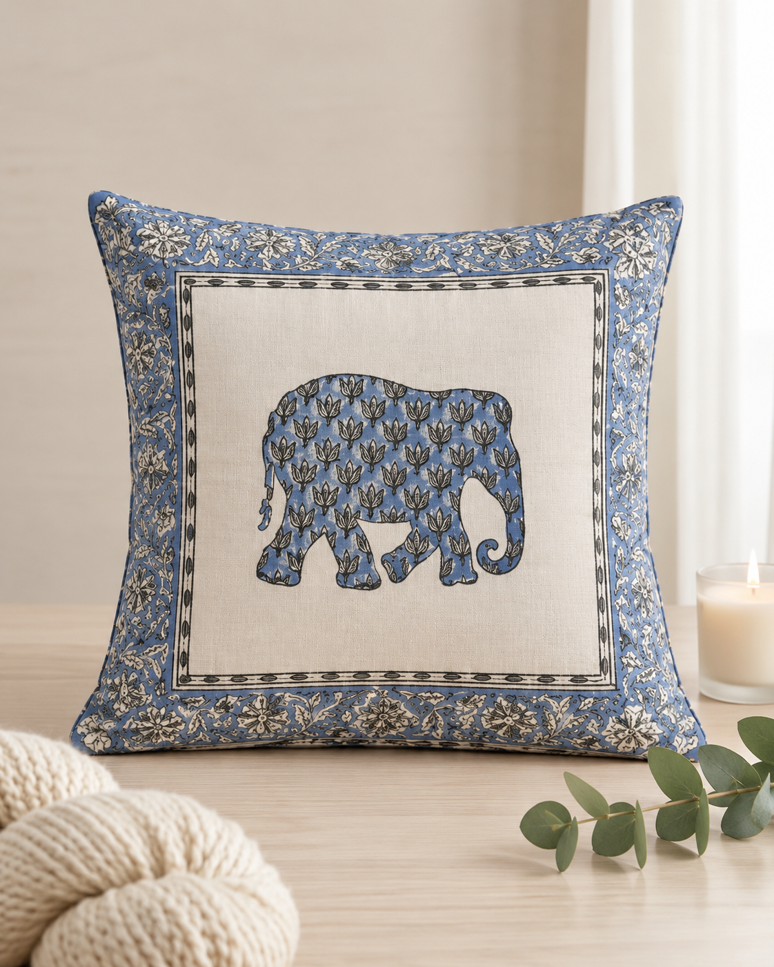 Blue Elephant Handblock Print Cushion Covers – Set of 5