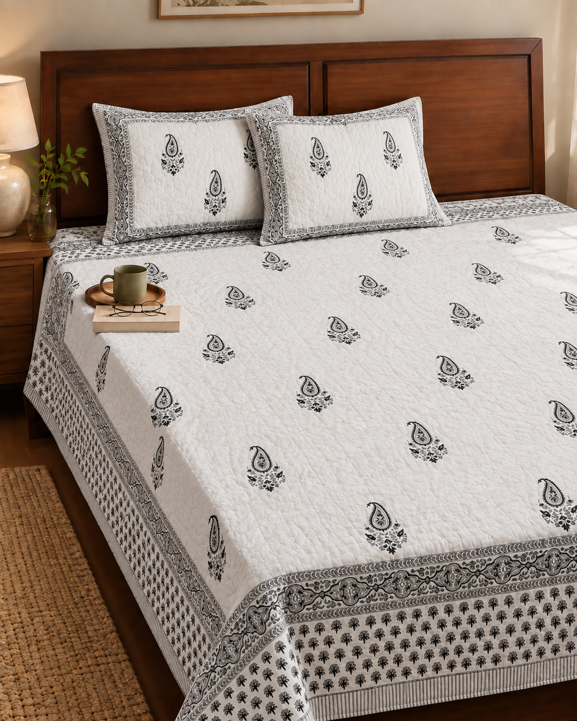 Cotton Midnight Paisley Jaipuri Quilt & Coordinated Bedsheet Set