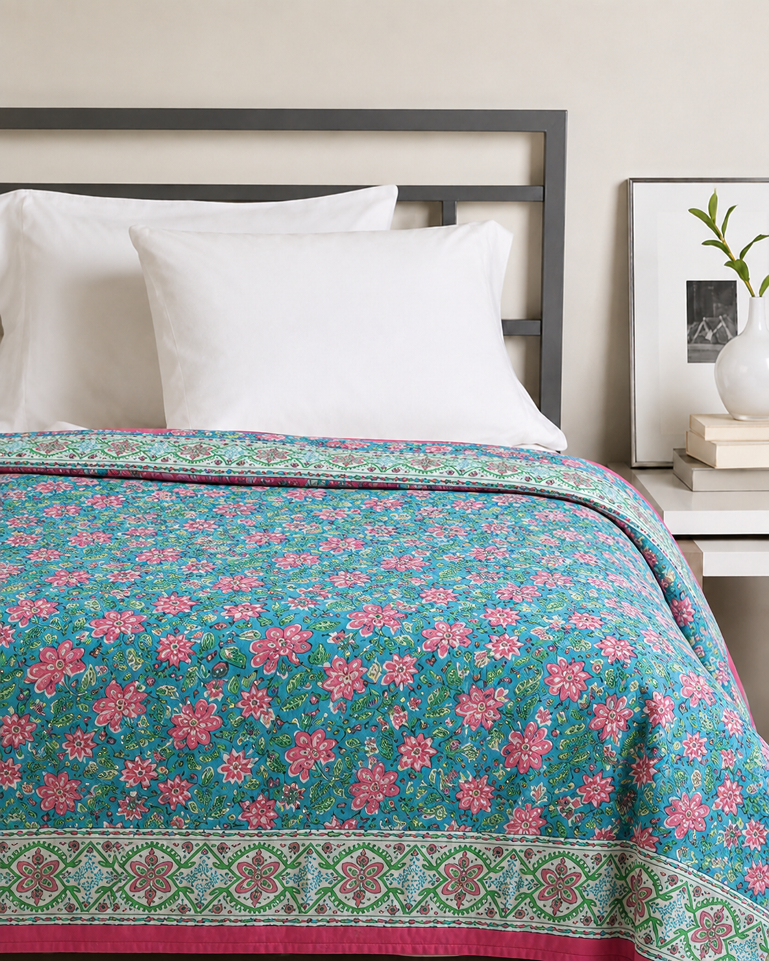 Floral Garden Cotton Reversible King Size Jaipuri Quilt