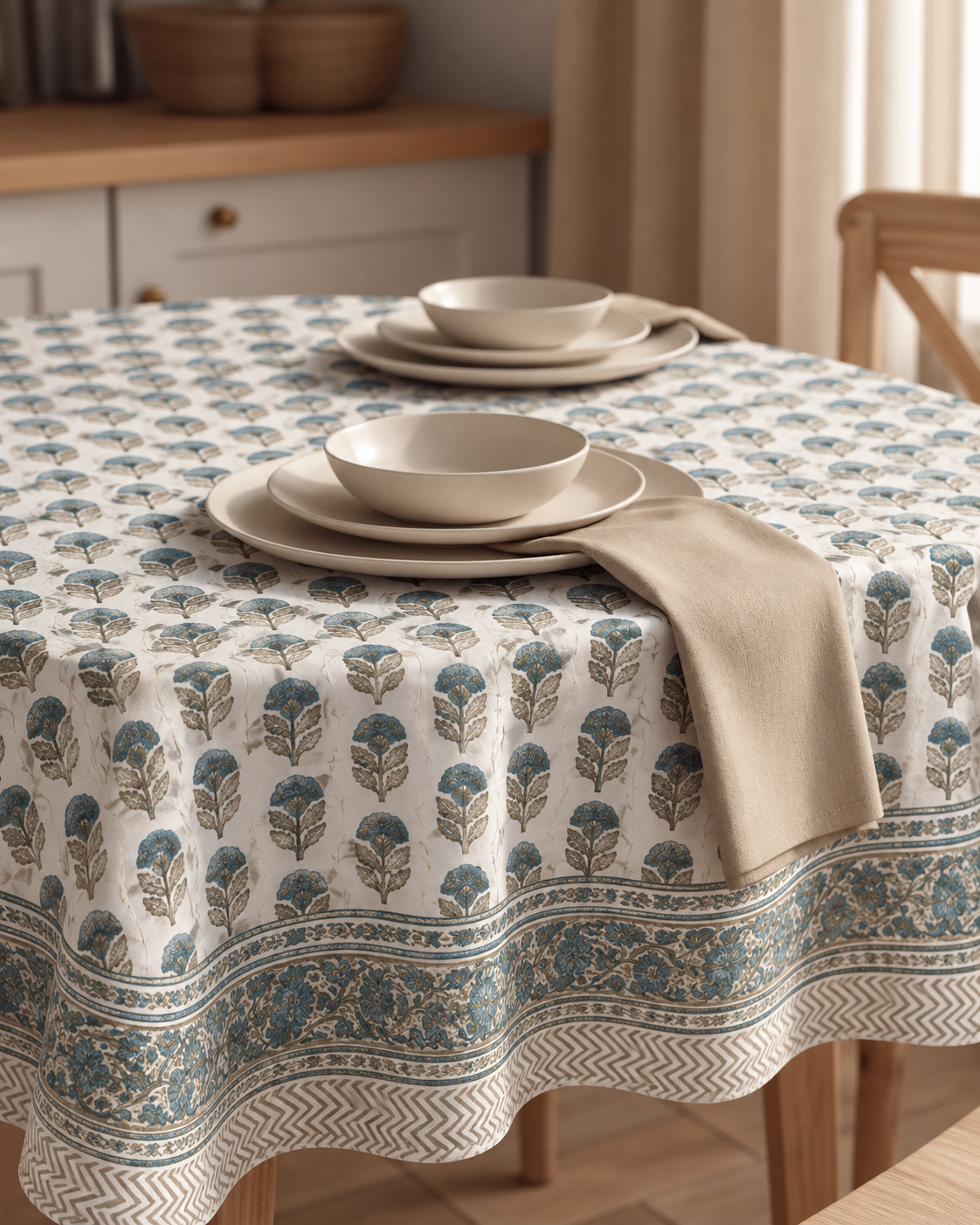 Blue Floral Block Print Table Cover with Border