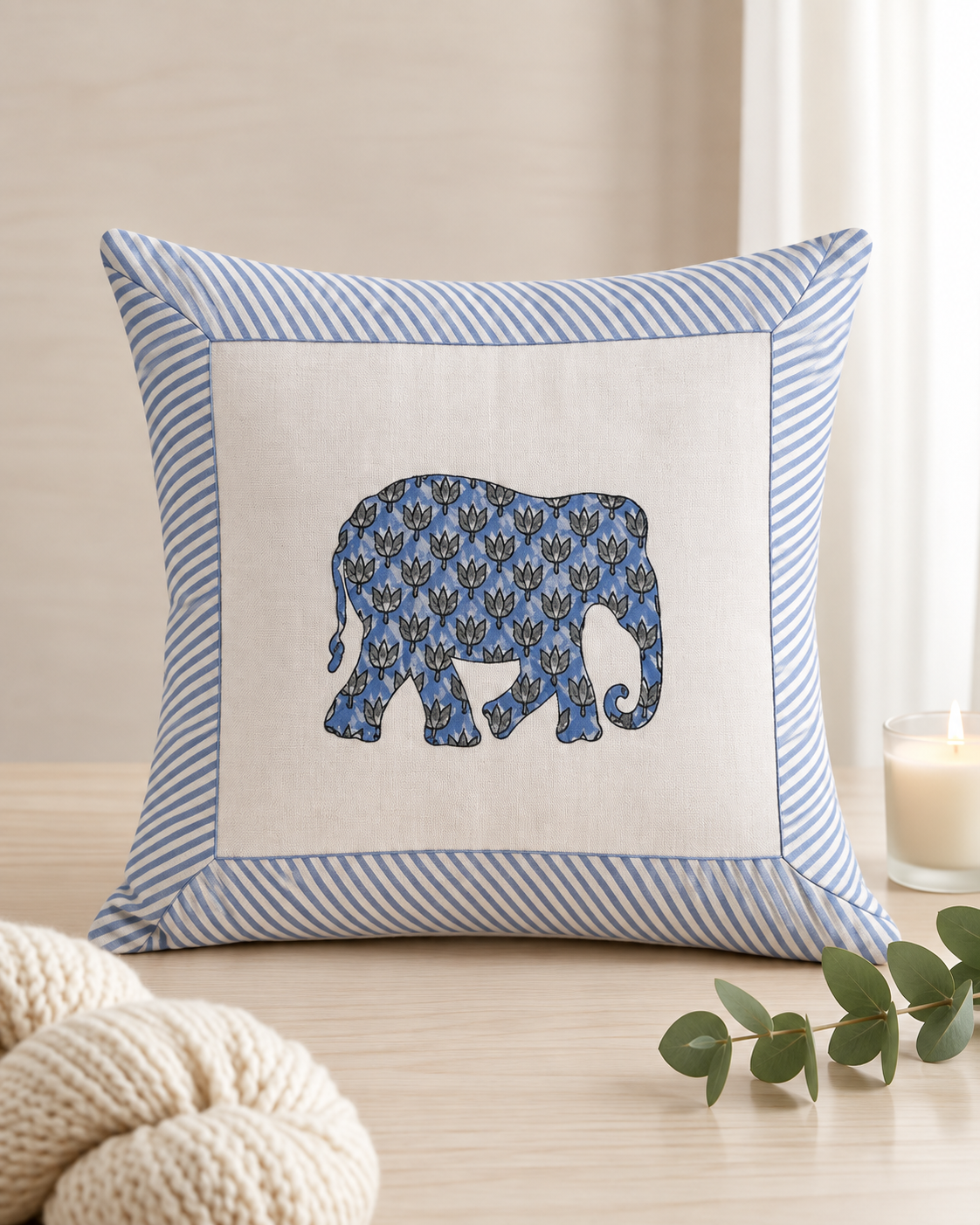 Blue Elephant Printed Cushion Covers with Striped Border – Set of 5