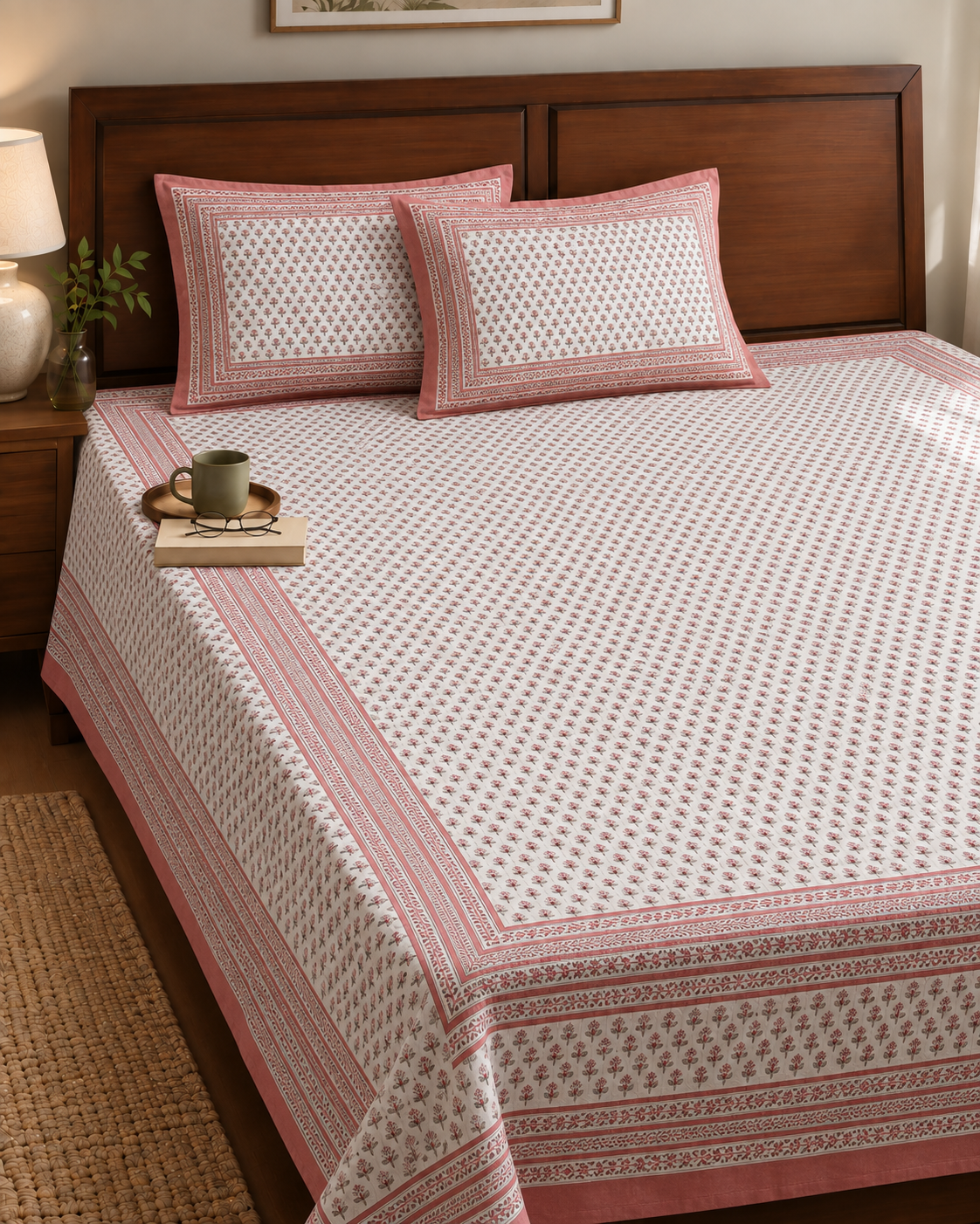 Elegant Pink Floral Block Print Bedsheet