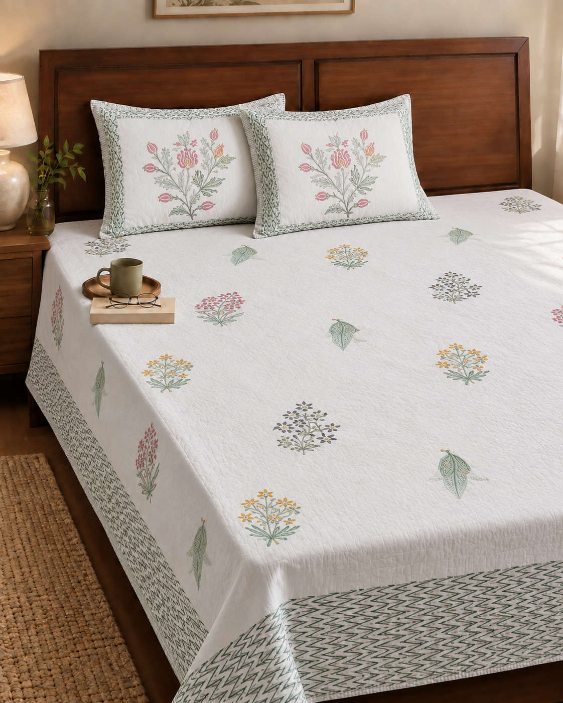 White Cotton Floral Block Print Super King Size Bedsheet