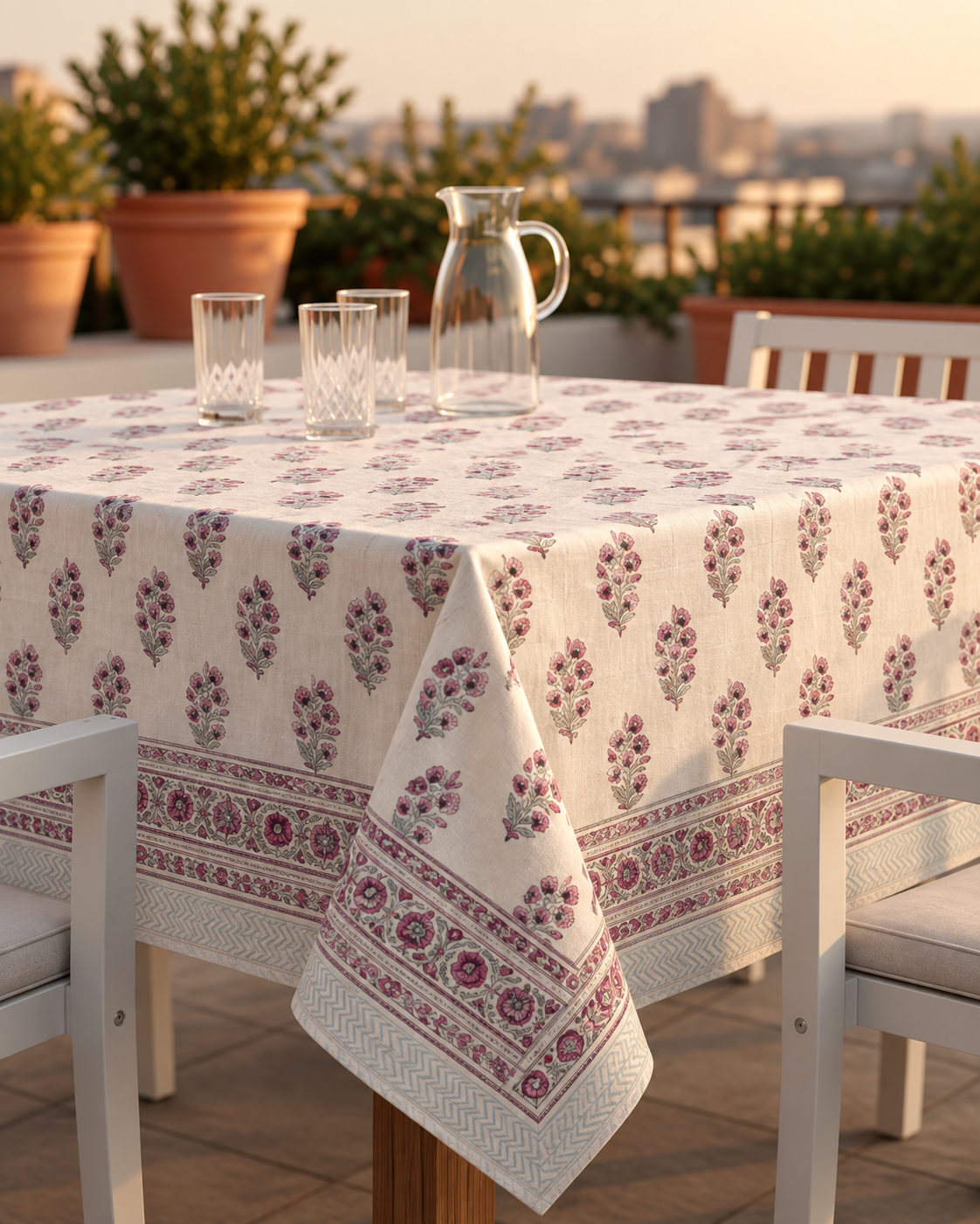 Pink Floral Block Print Table Cover with Decorative Border