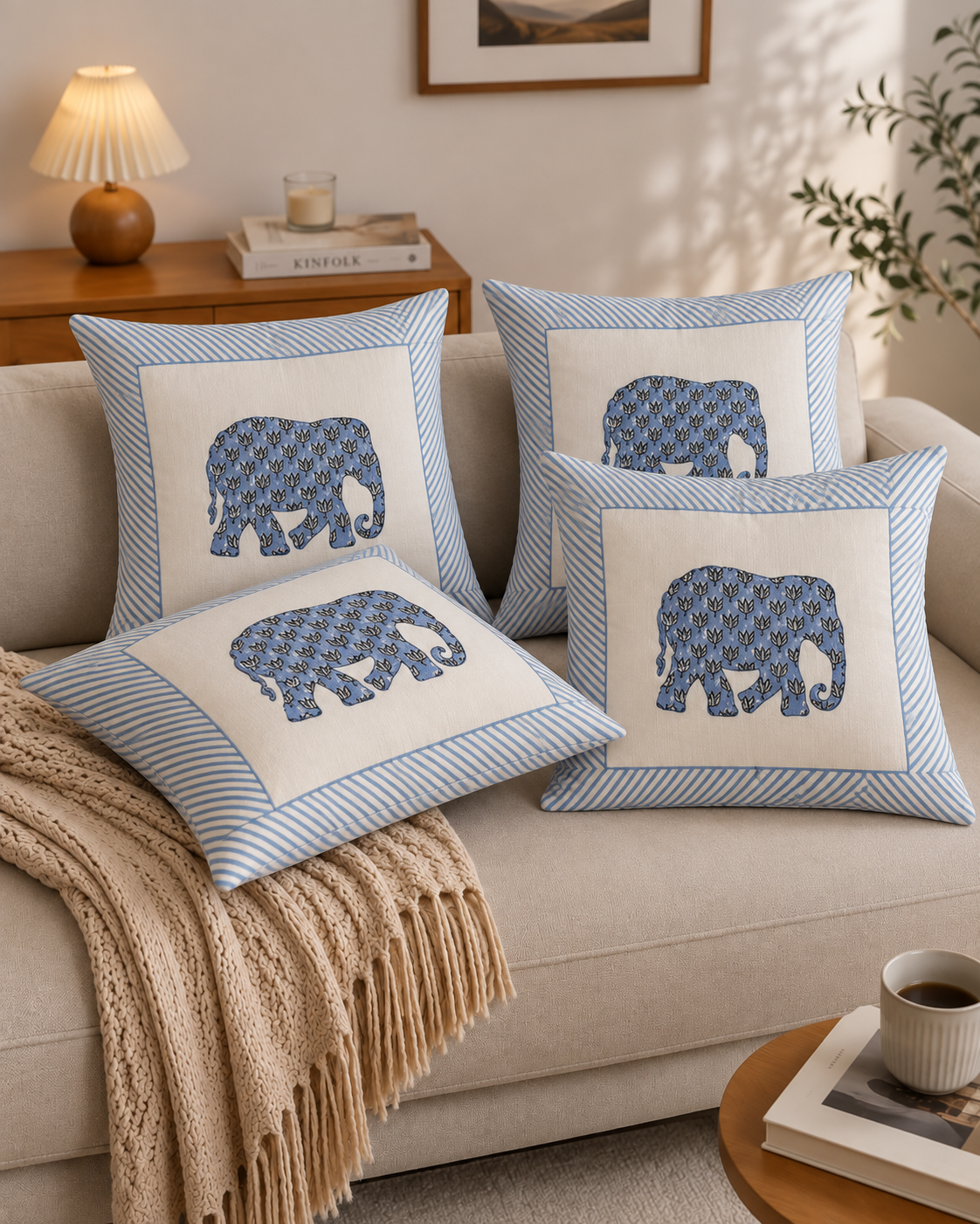 Blue Elephant Printed Cushion Covers with Striped Border – Set of 5