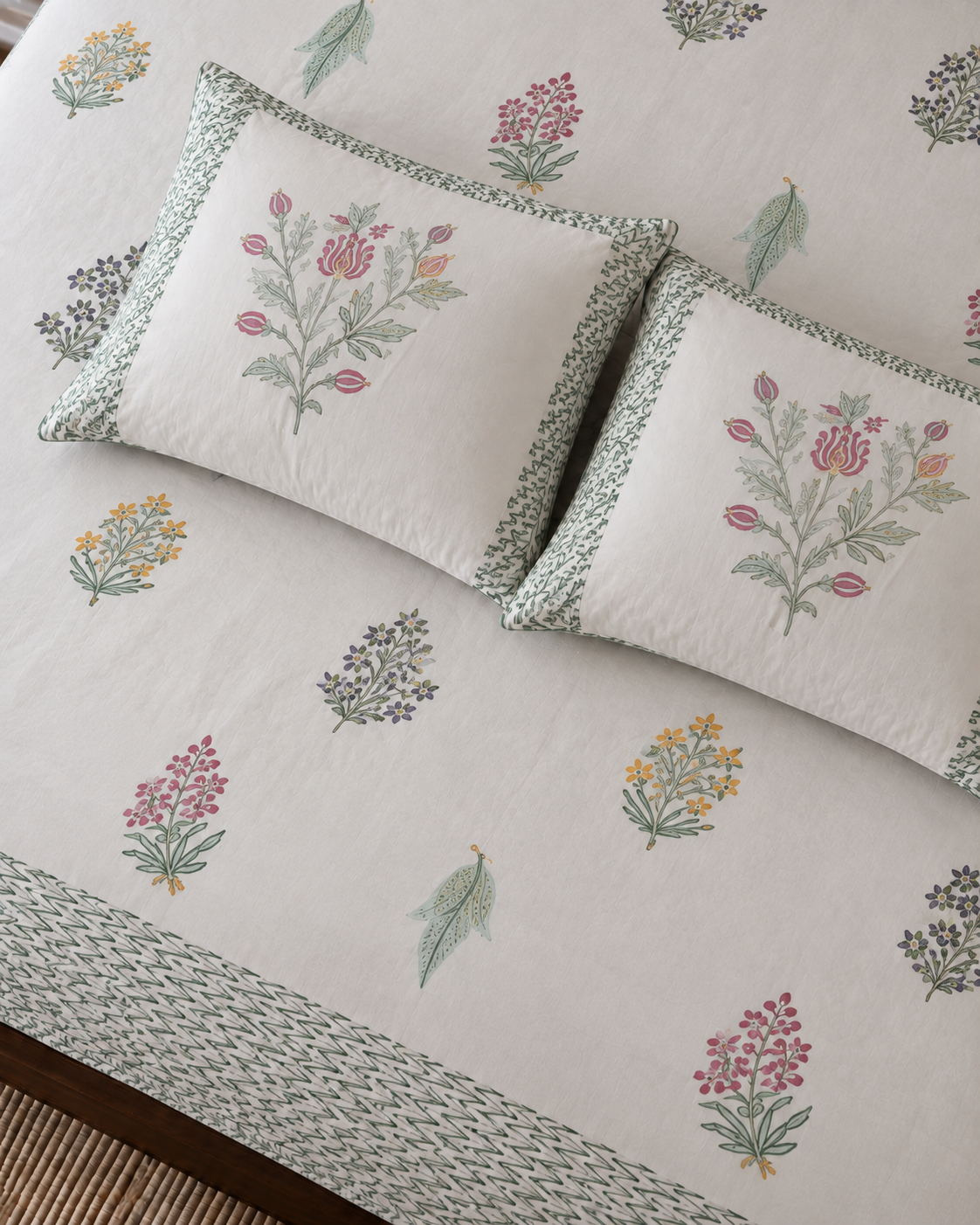 White Cotton Floral Block Print Super King Size Bedsheet