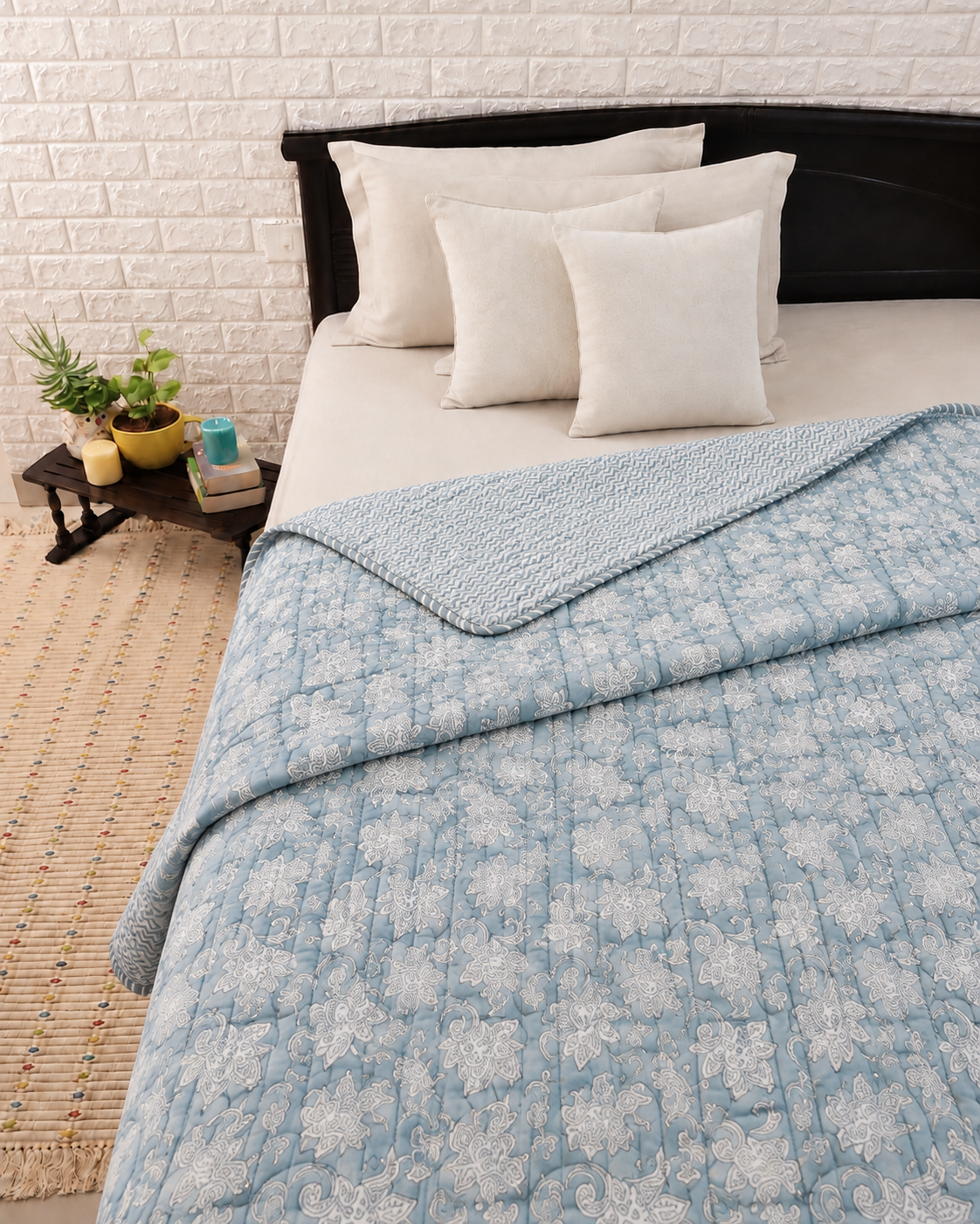 Grey Paisley Malmal Reversible Single Bed Quilt with Chevron Reverse