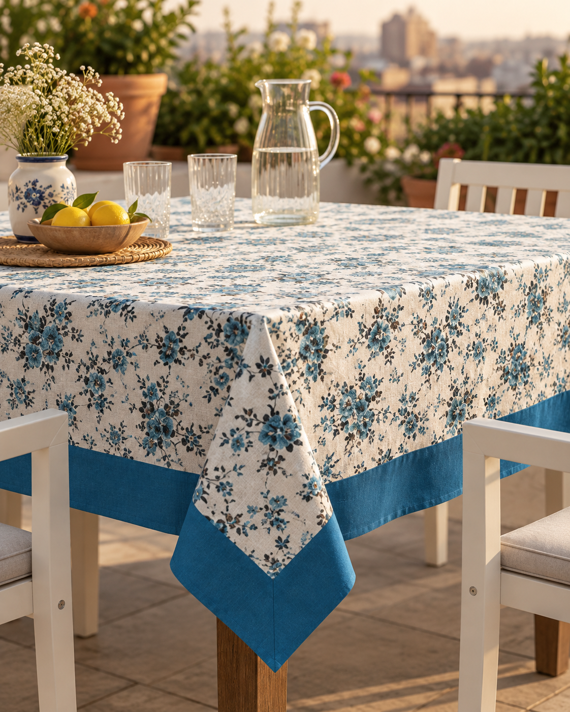 Blue Floral Printed Table Cover with Border