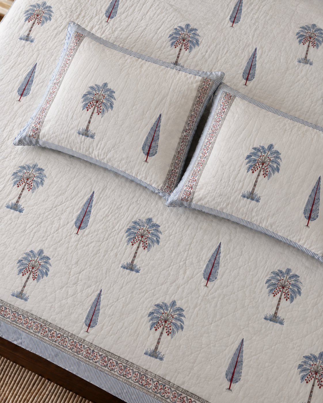 Blue Palm Cotton Jaipuri Quilt & Coordinated Bedsheet Set