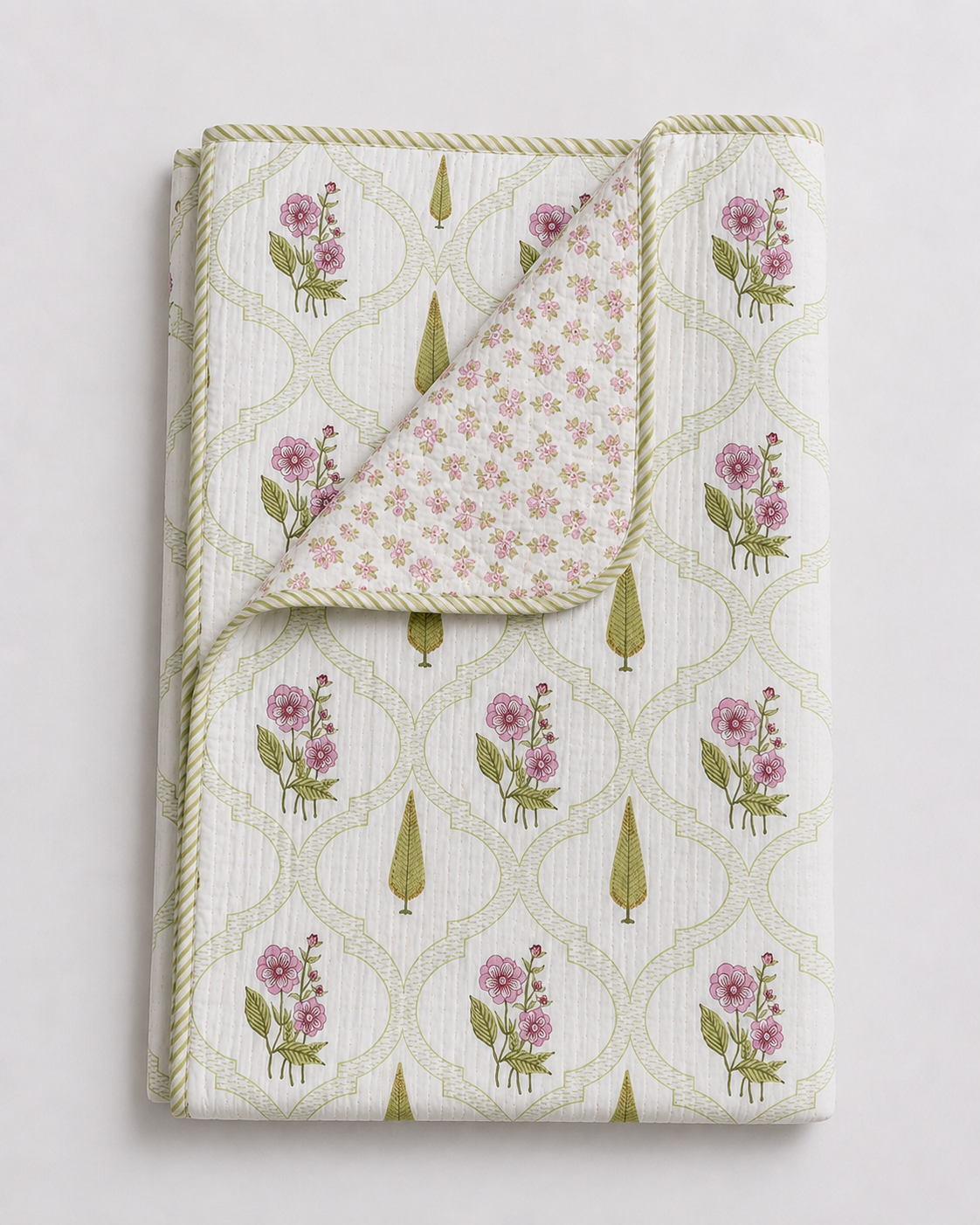 Willow Rose Meadow Hand Block Printed Cotton Single Bed Dohar (Pair of Two)