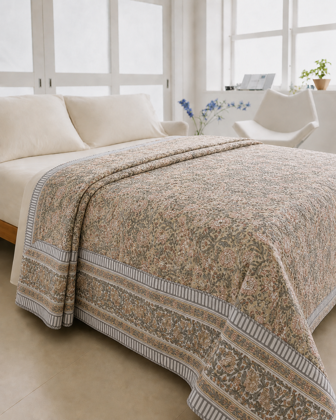 Silver Paisley Hand Block Printed Pure Cotton Double Bed Dohar