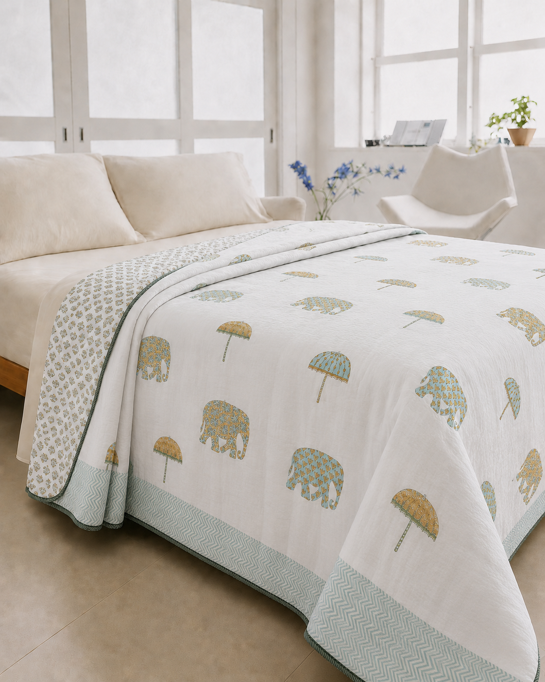 Elephant Grove Hand Block Printed Pure Cotton Double Bed Dohar – Reversible