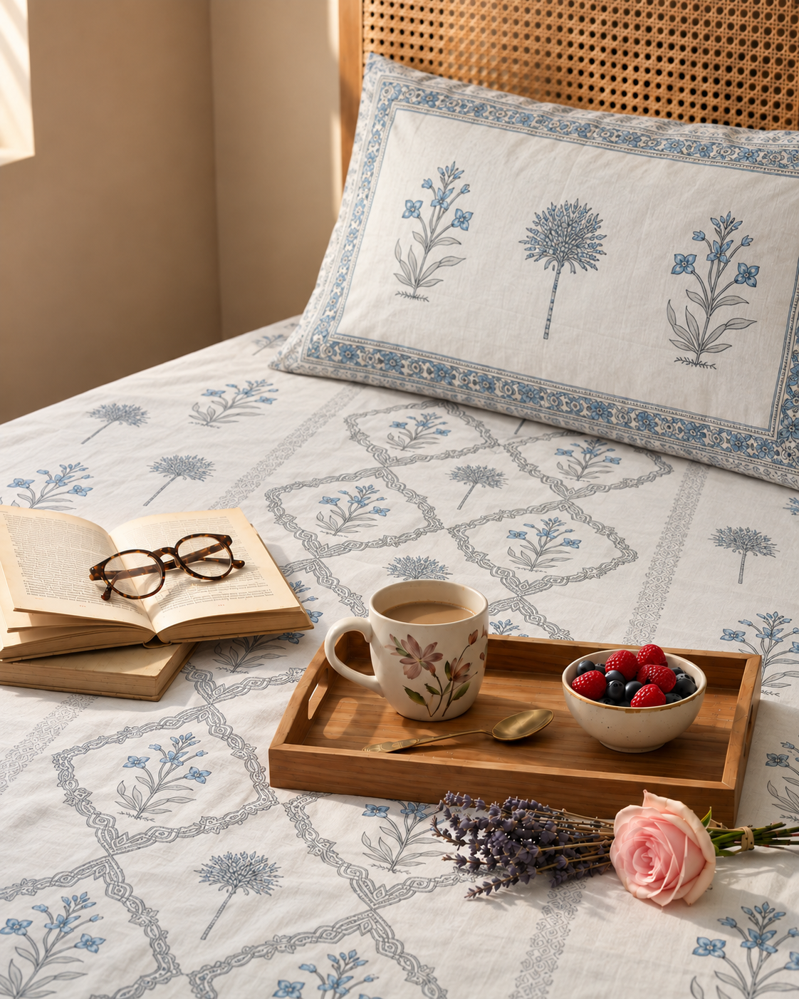 Elegant Blue Floral Motif Print Bedsheet