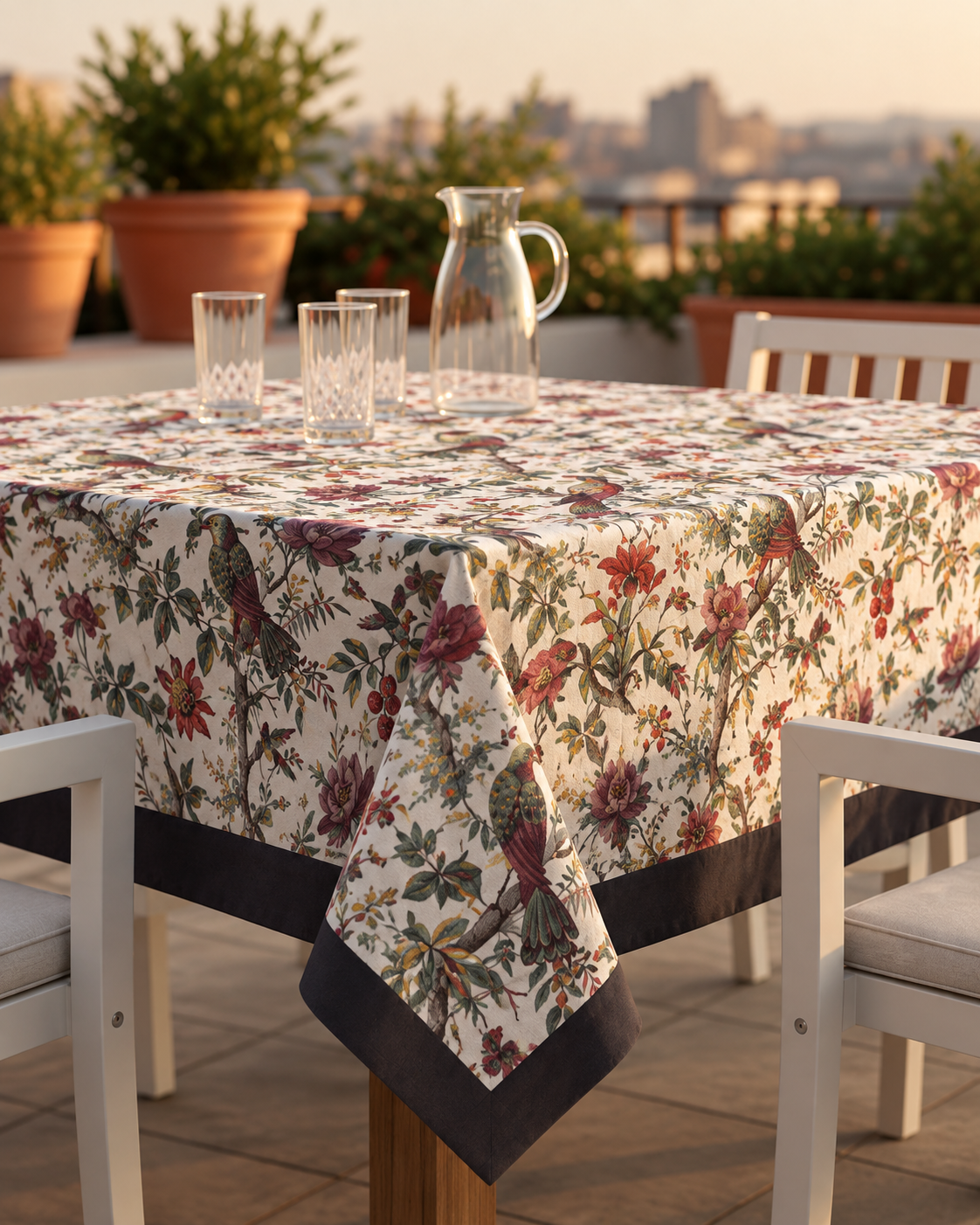 Floral Bird & Botanical Printed Table Cover with Border