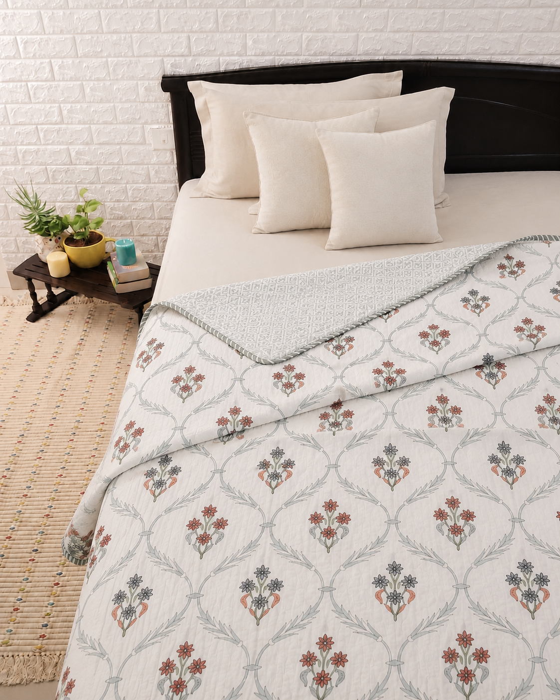 Crimson Garden Trellis Hand Block Printed Cotton Single Bed Dohar (Pair of Two)