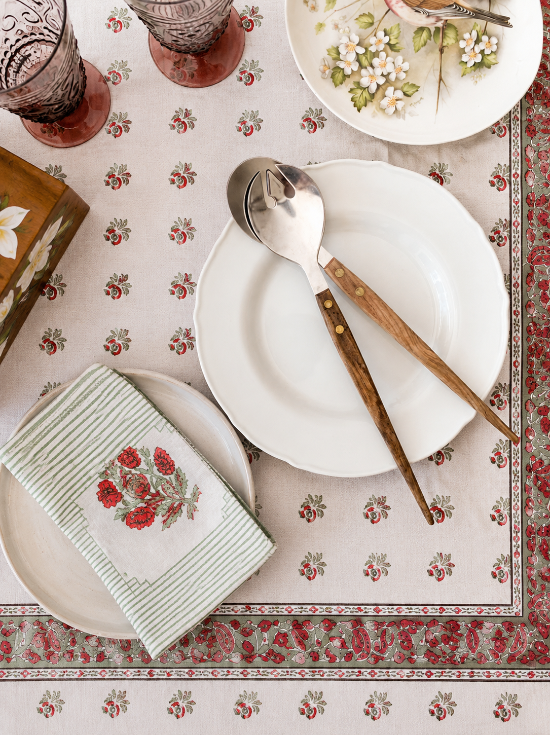 Blush Stripe Floral Cotton Table Cover & Coordinated Napkin Set