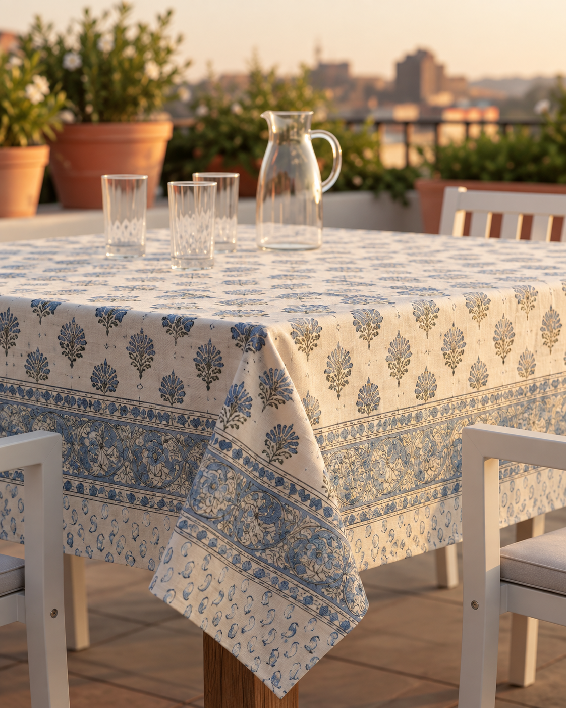 Blue Meadow Hand Block Printed Cotton Table Cover