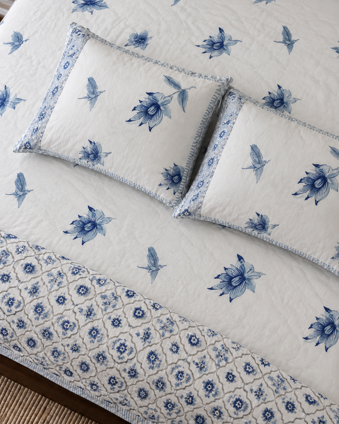 Blue Garden Cotton Quilt & Coordinated Bedsheet Set