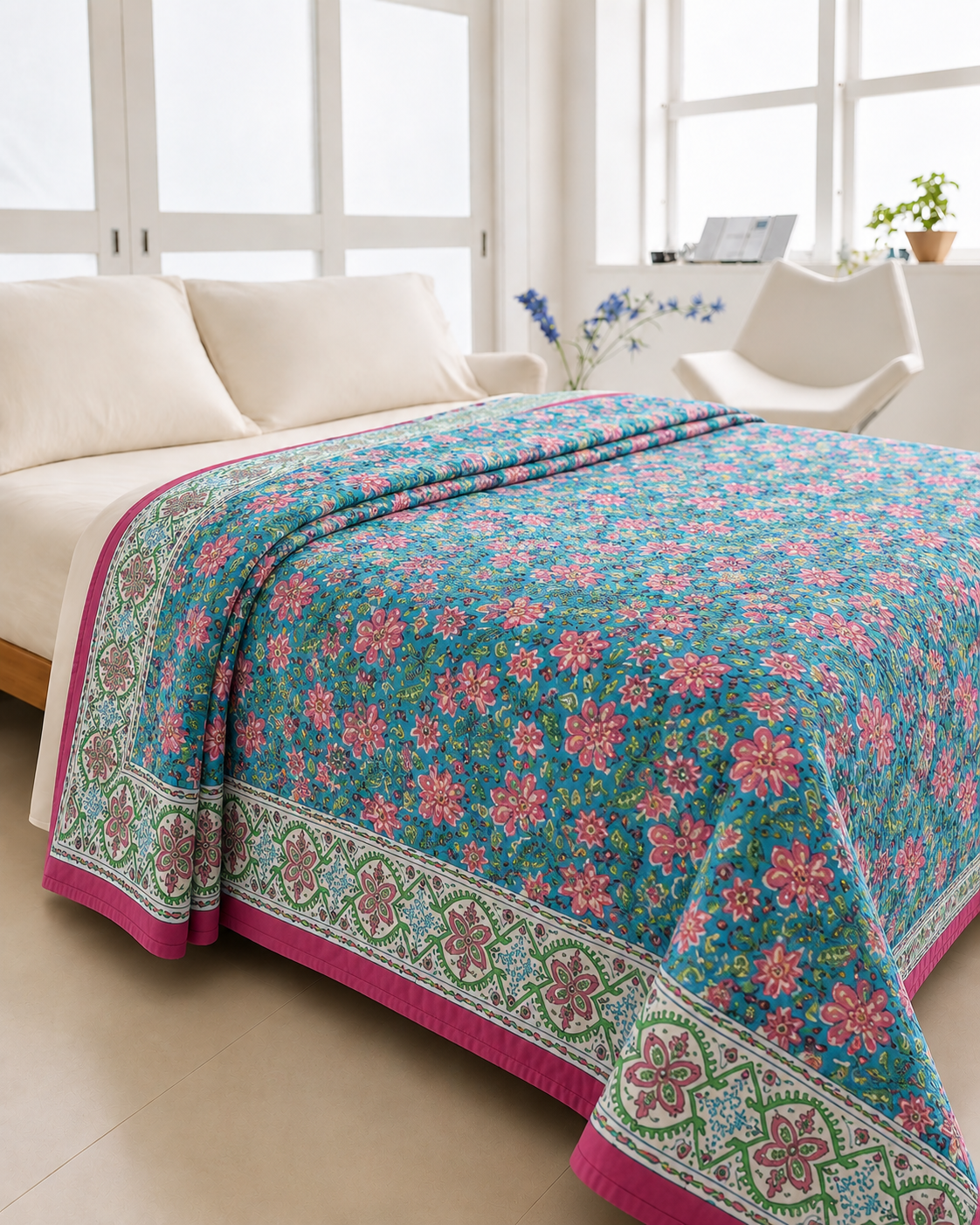 Floral Garden Cotton Reversible King Size Jaipuri Quilt