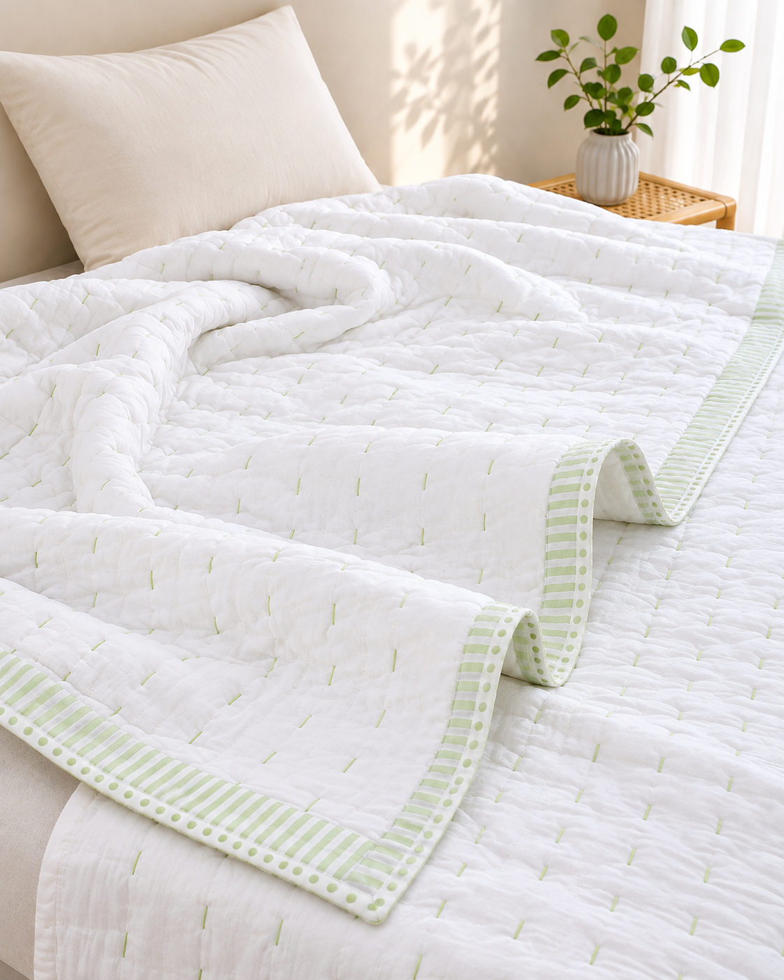 Emerald Edge White Cotton Kantha Stitch Quilt