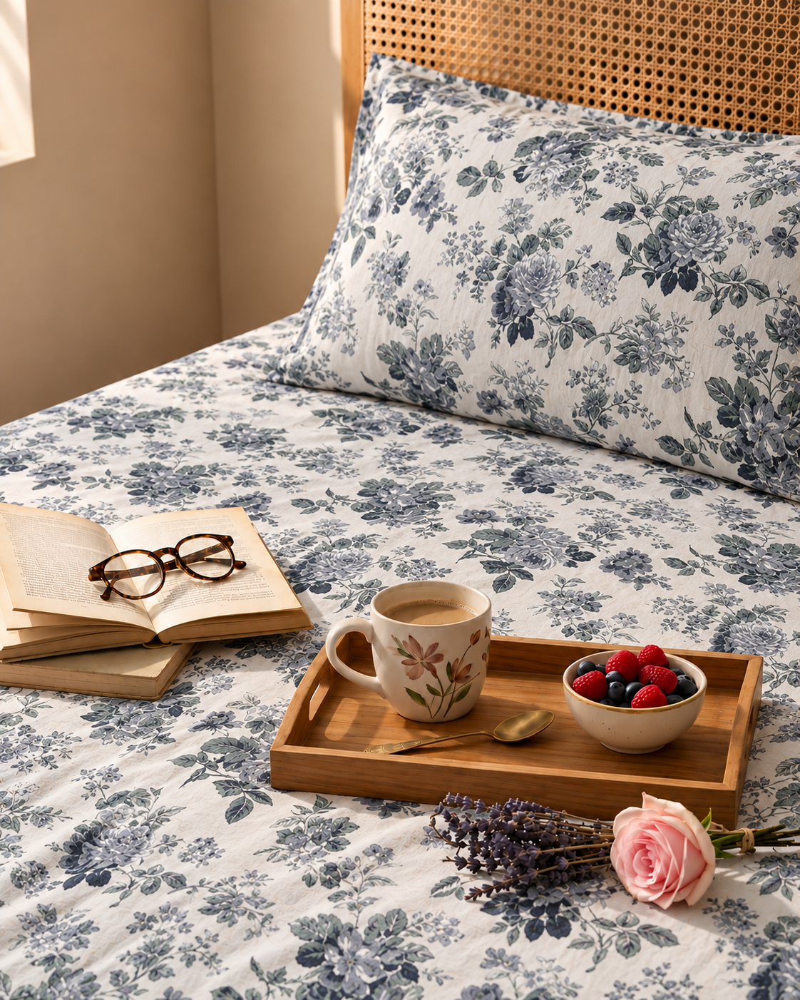 Elegant Blue Floral Print Bedsheet