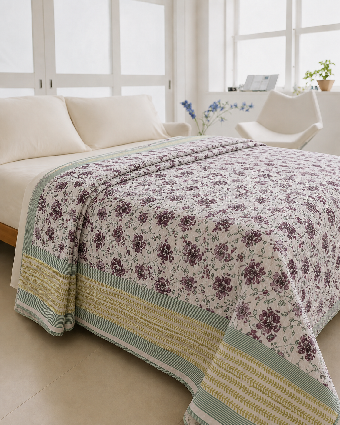 Sage Blossom Hand Block Printed Pure Cotton Double Bed Dohar – Reversible