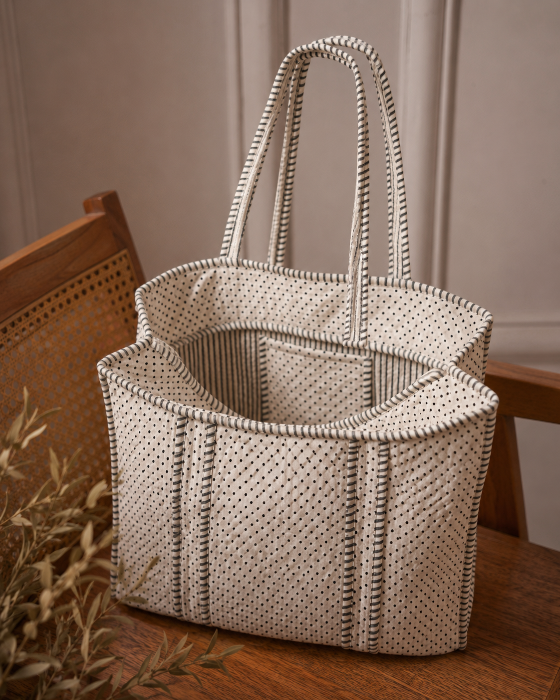 Ivory Micro-Dot Quilted Cotton Tote
