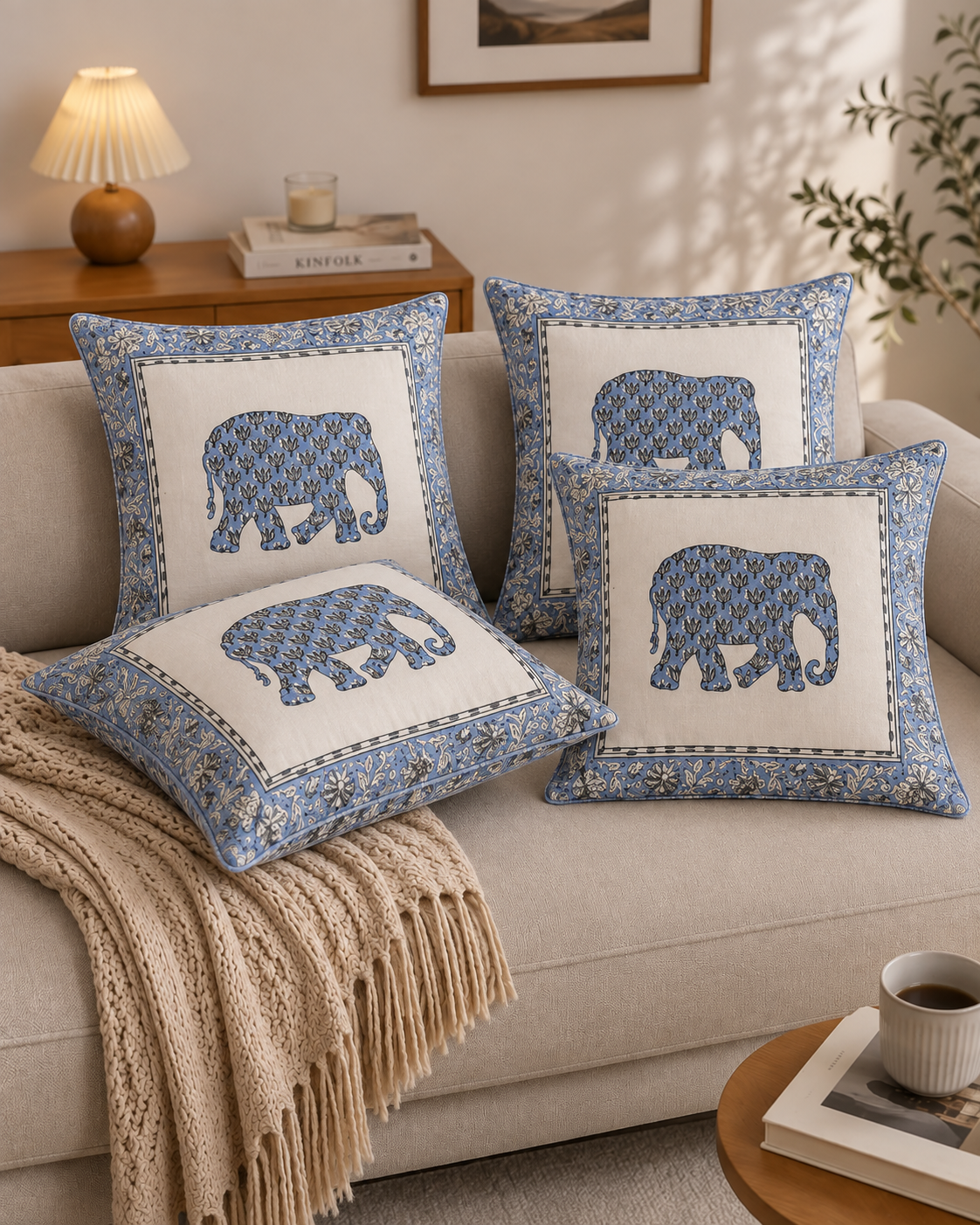 Blue Elephant Handblock Print Cushion Covers – Set of 5