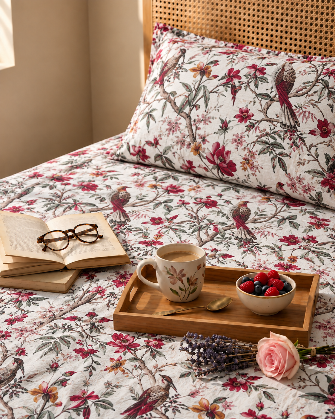 Floral Bird & Botanical Print Bedsheet