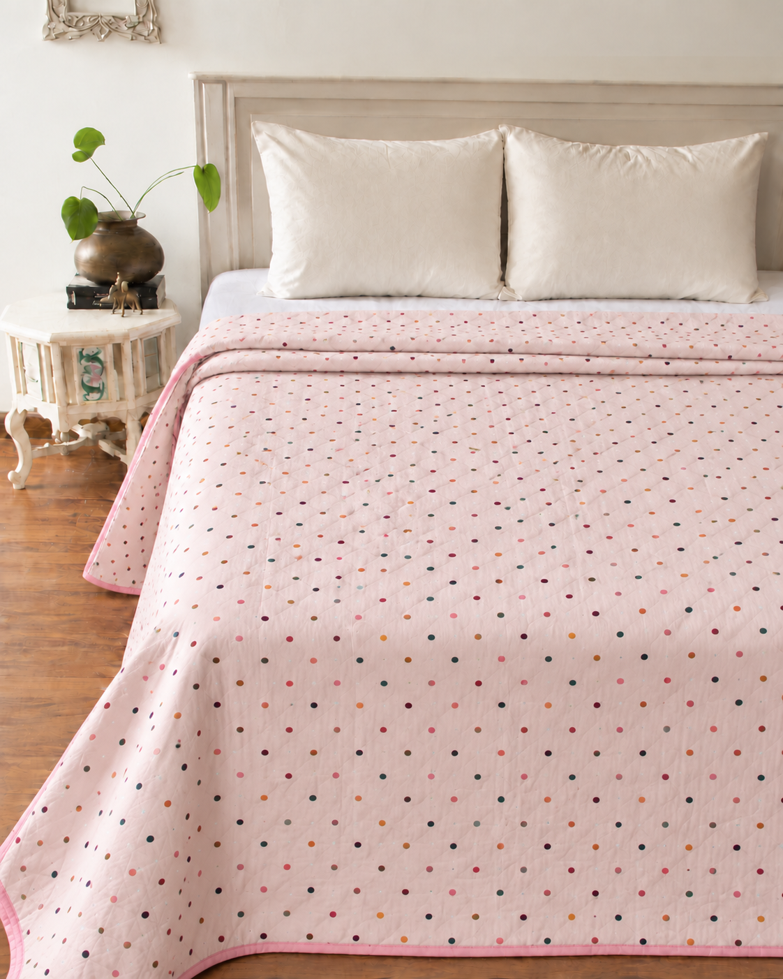 Pastel Pink Multicolor Dot Double Bed Dohar