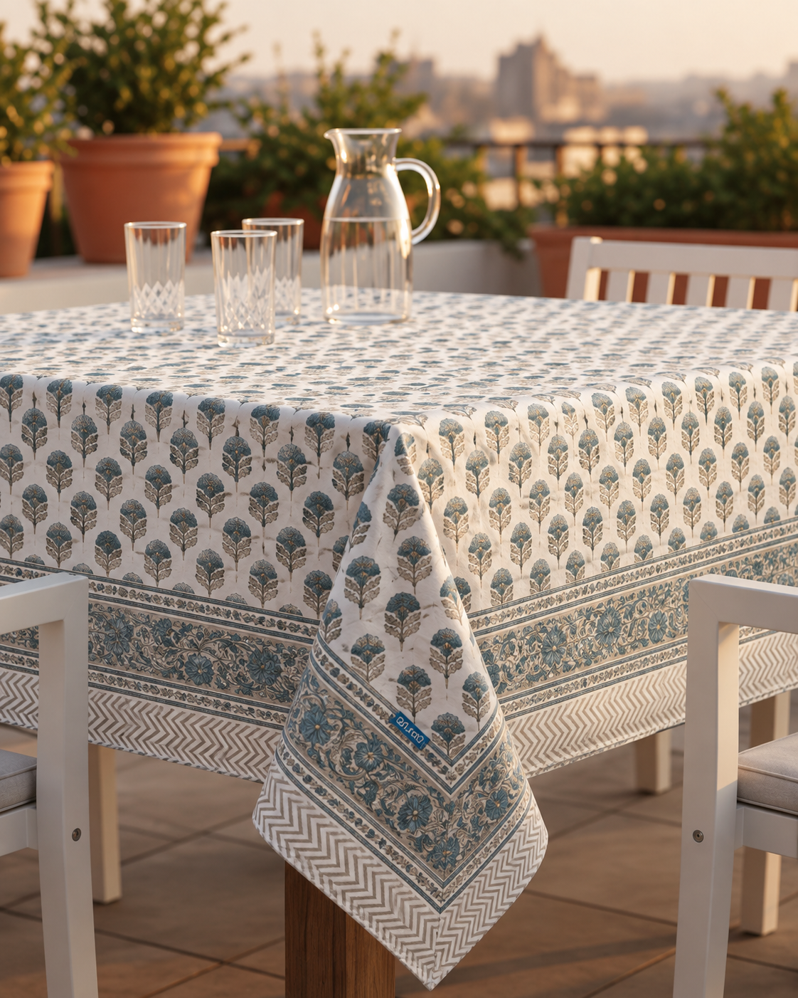 Blue Floral Block Print Table Cover with Border