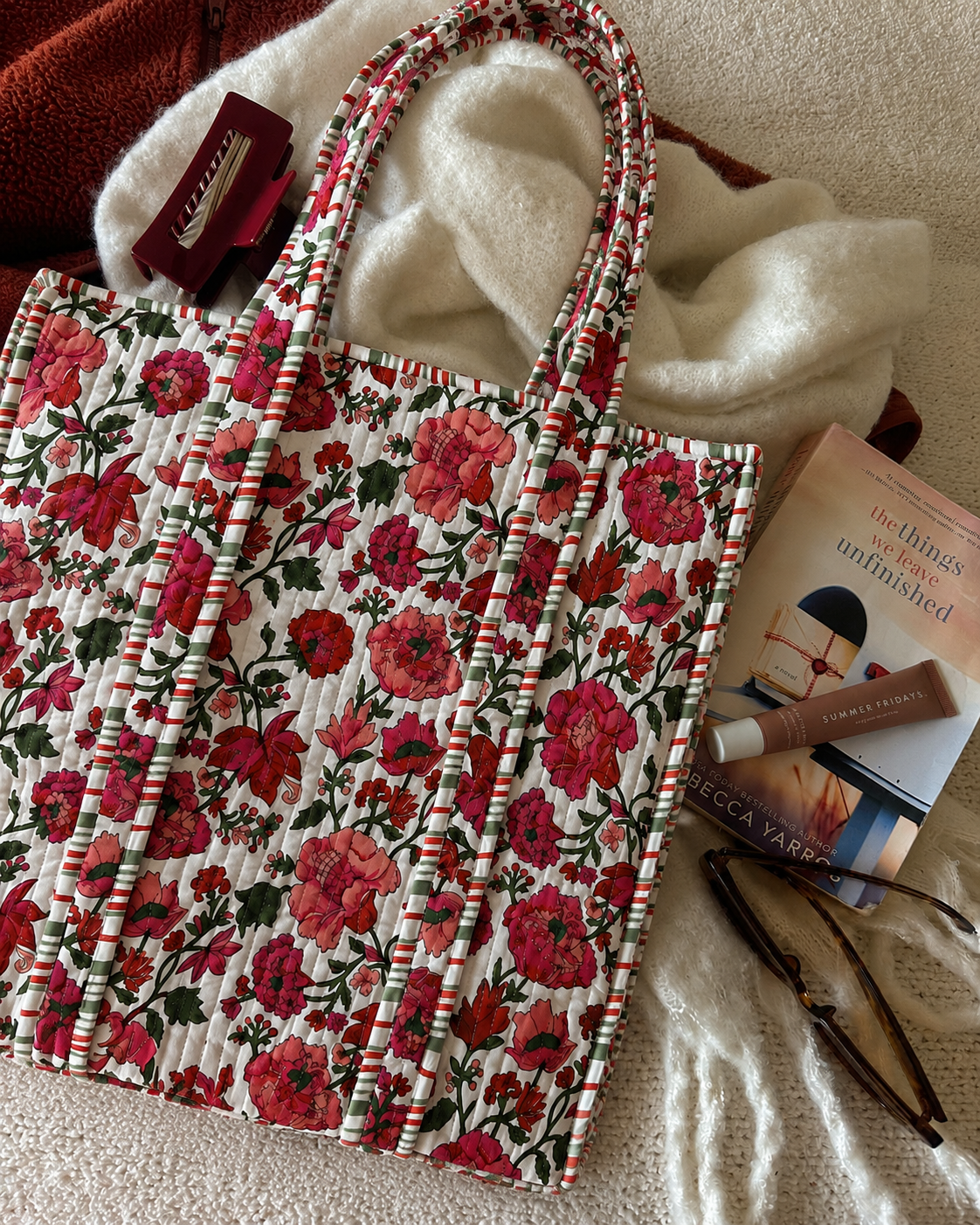 Crimson Garden Quilted Cotton Tote