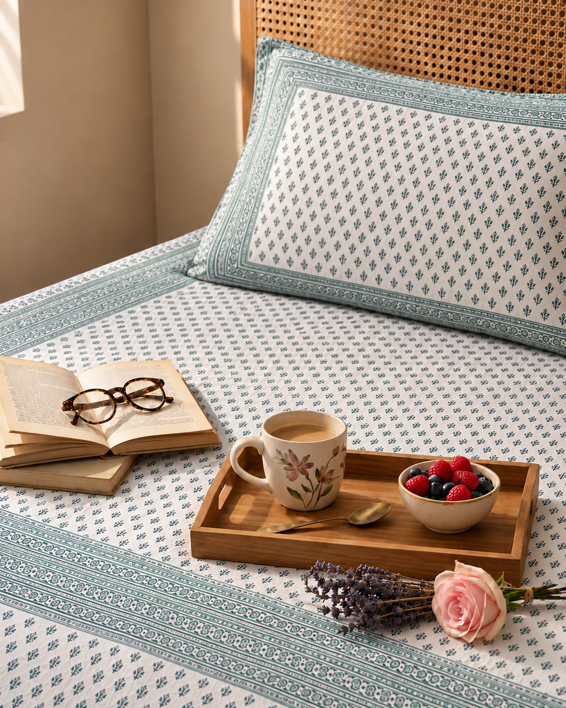 Elegant Blue Floral Block Print Bedsheet