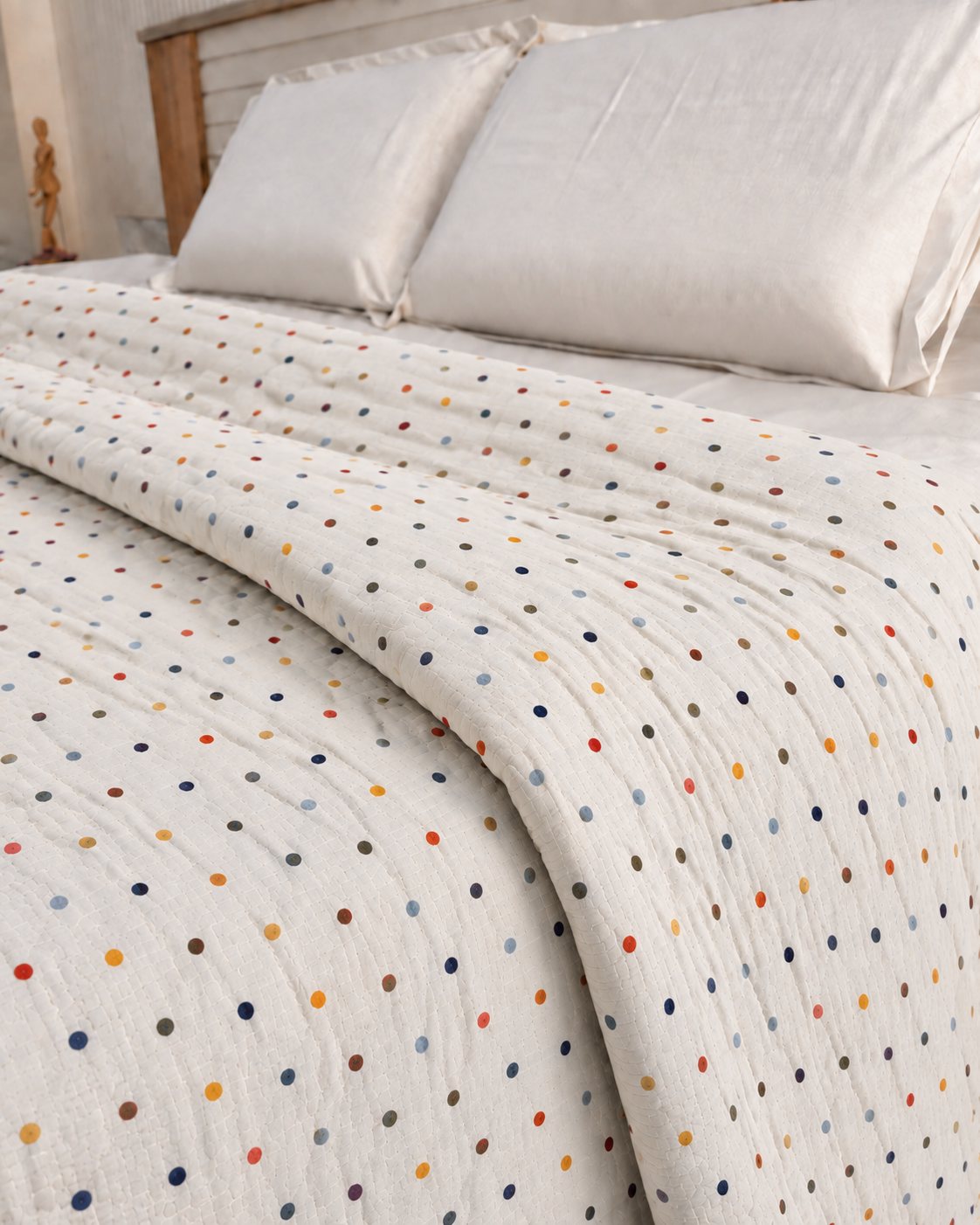 Multicolor Polka Dot Double Bed Dohar with Blue Border