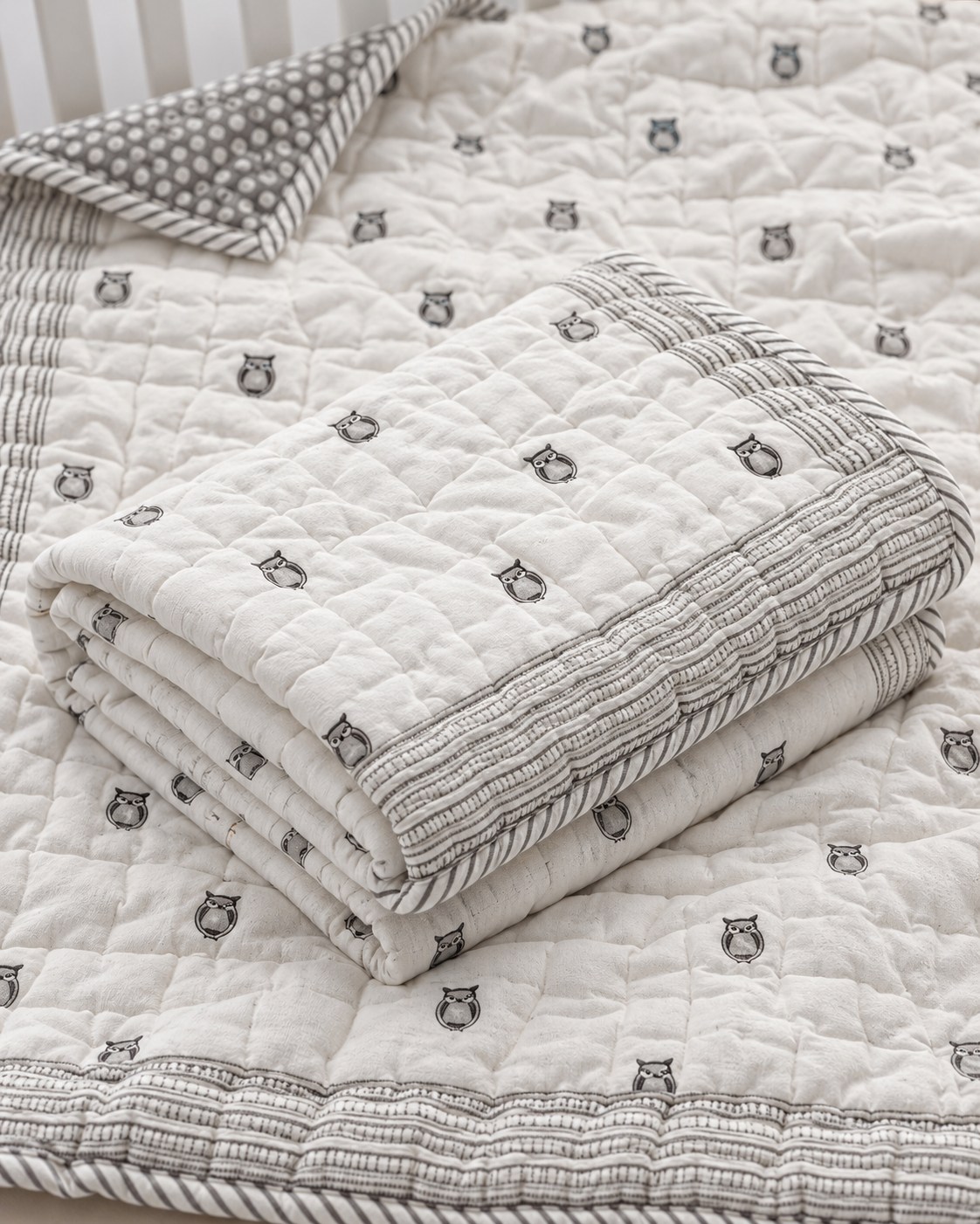 Cotton White Owl Print Reversible Baby Quilt