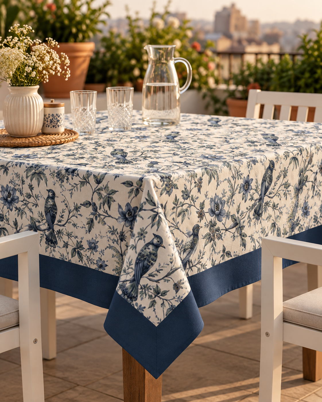 Blue Floral Bird Print Table Cover with Border