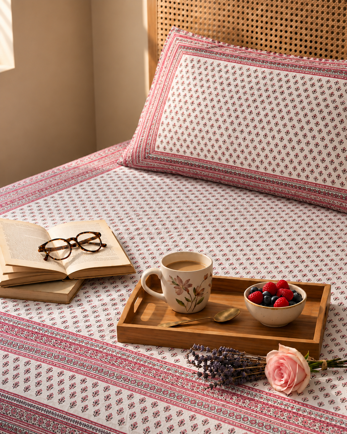 Elegant Pink Floral Block Print Bedsheet