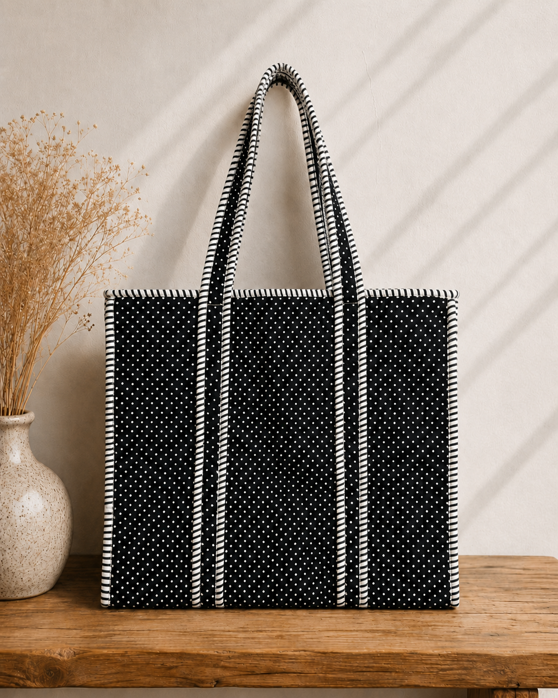 Midnight Micro-Dot Quilted Cotton Tote