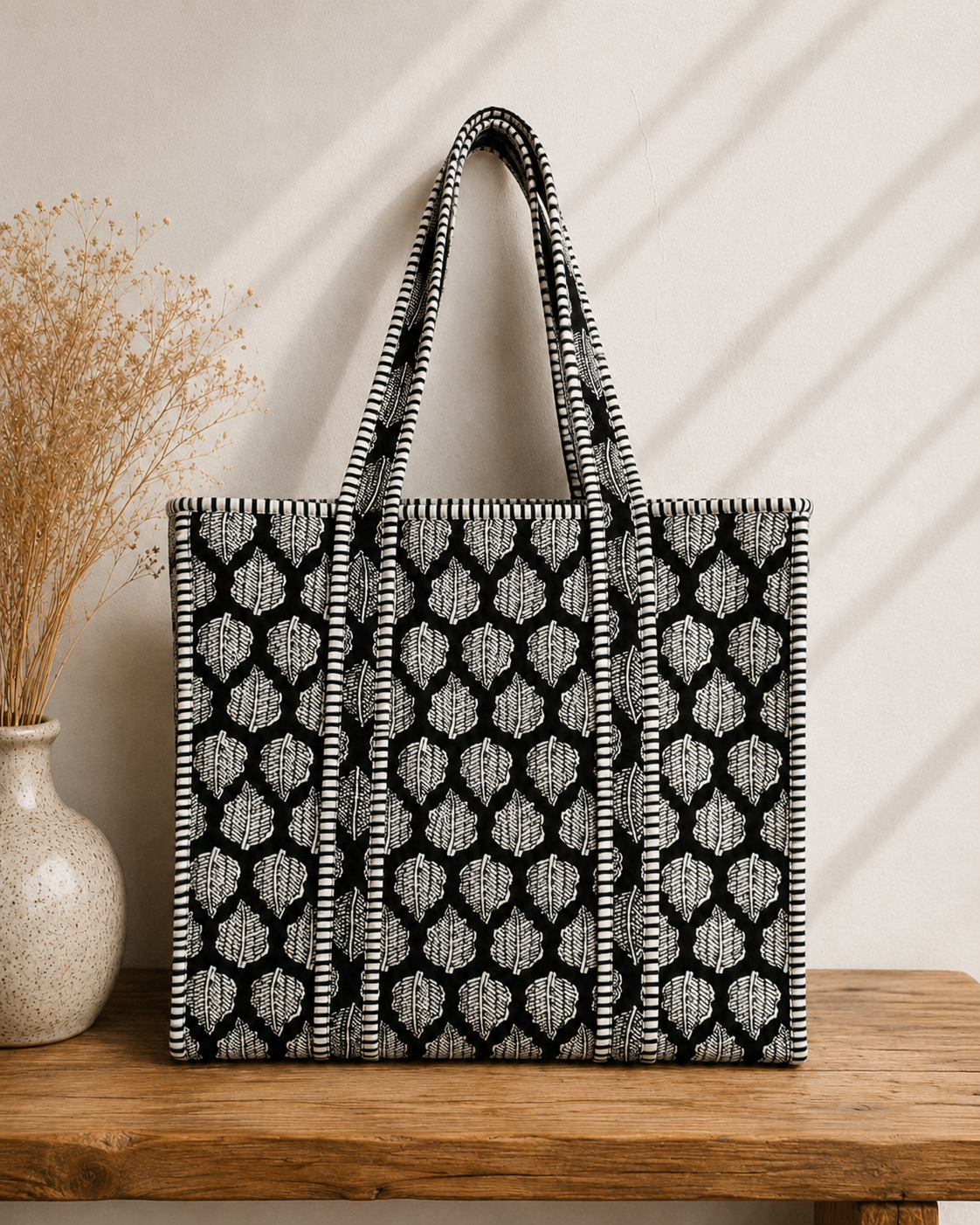 Midnight Leaf Quilted Cotton Tote
