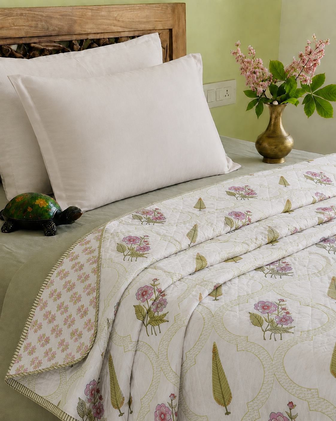 Willow Rose Meadow Hand Block Printed Cotton Single Bed Dohar (Pair of Two)
