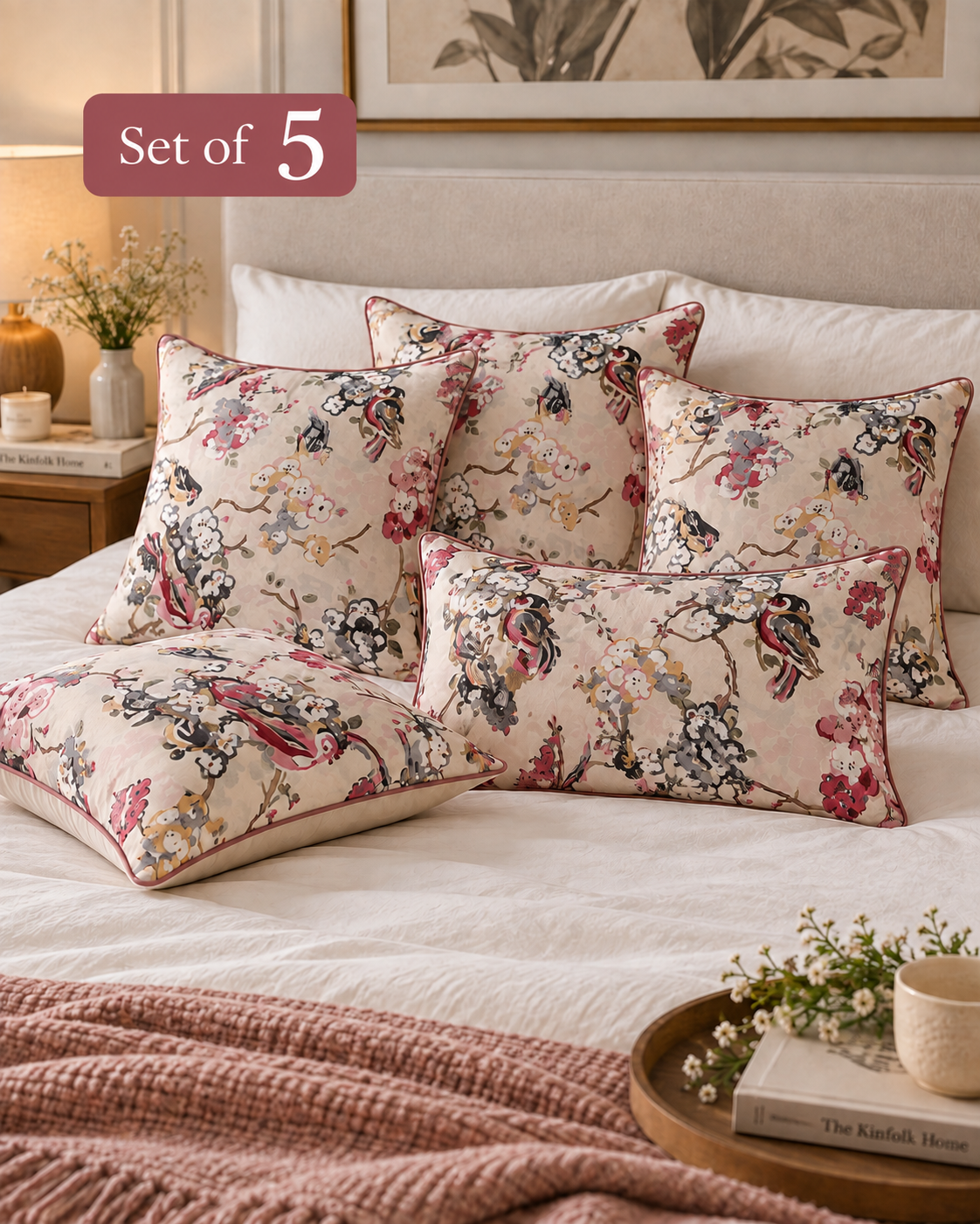 Floral Bird Printed Cushion Covers – Set of 5