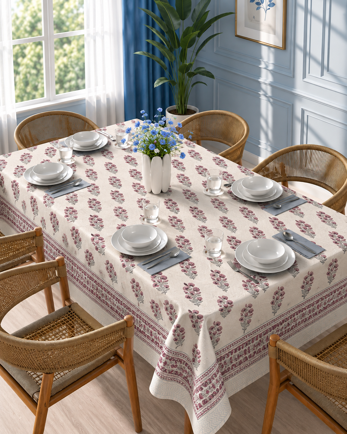 Pink Floral Block Print Table Cover with Decorative Border