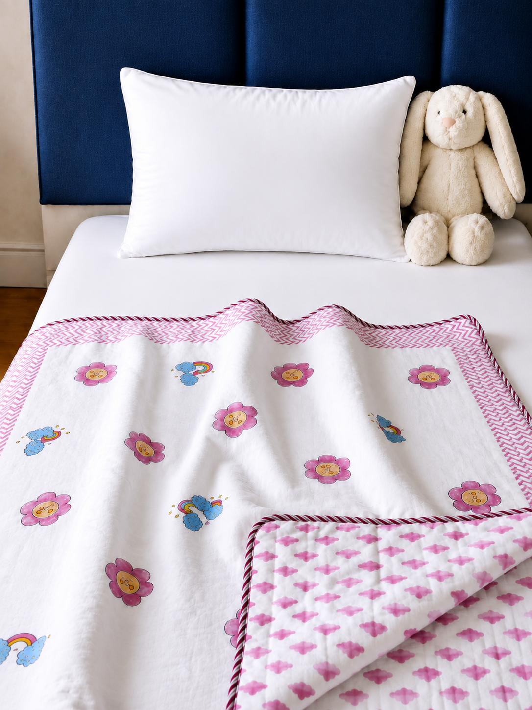 Pink Blossom Cotton Kids Blanket with Chevron Border