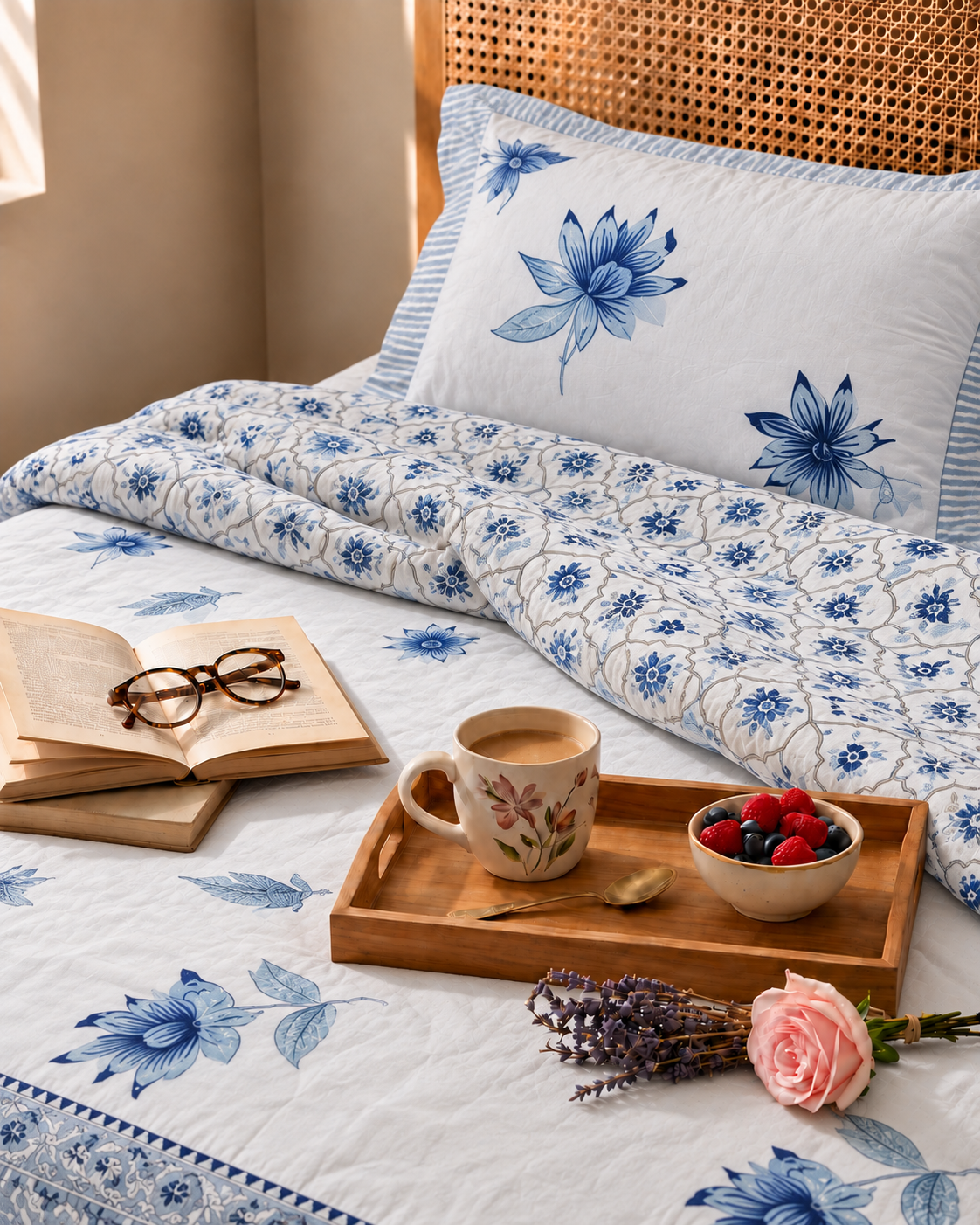 Blue Garden Cotton Quilt & Coordinated Bedsheet Set