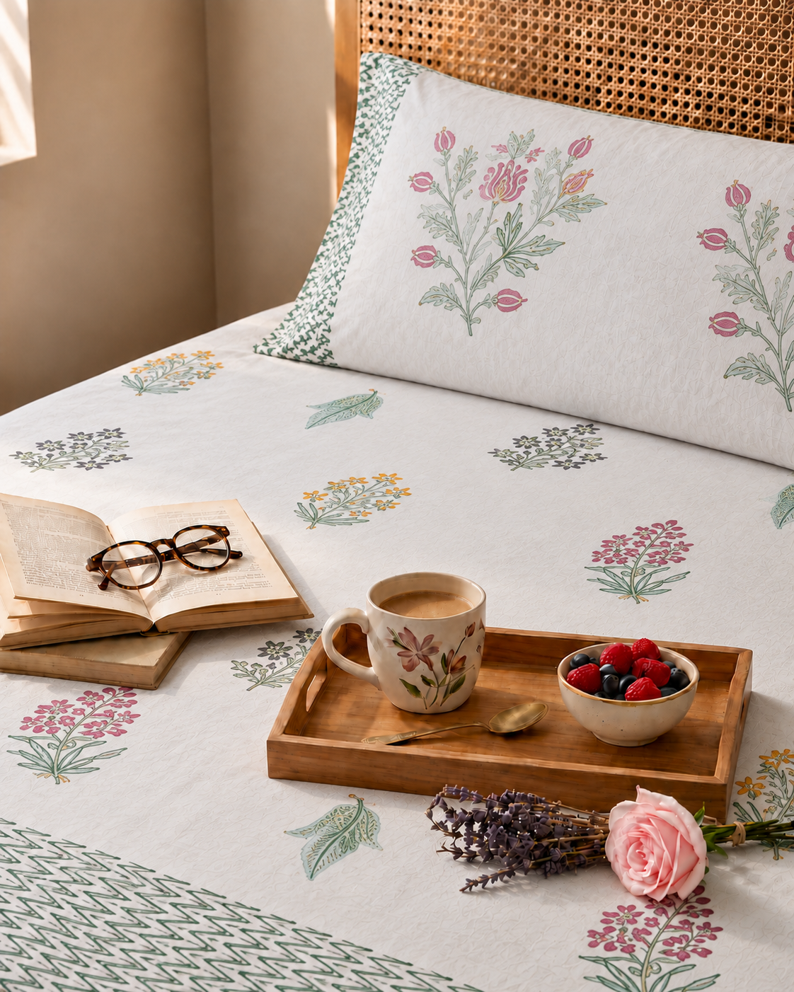 White Cotton Floral Block Print Super King Size Bedsheet