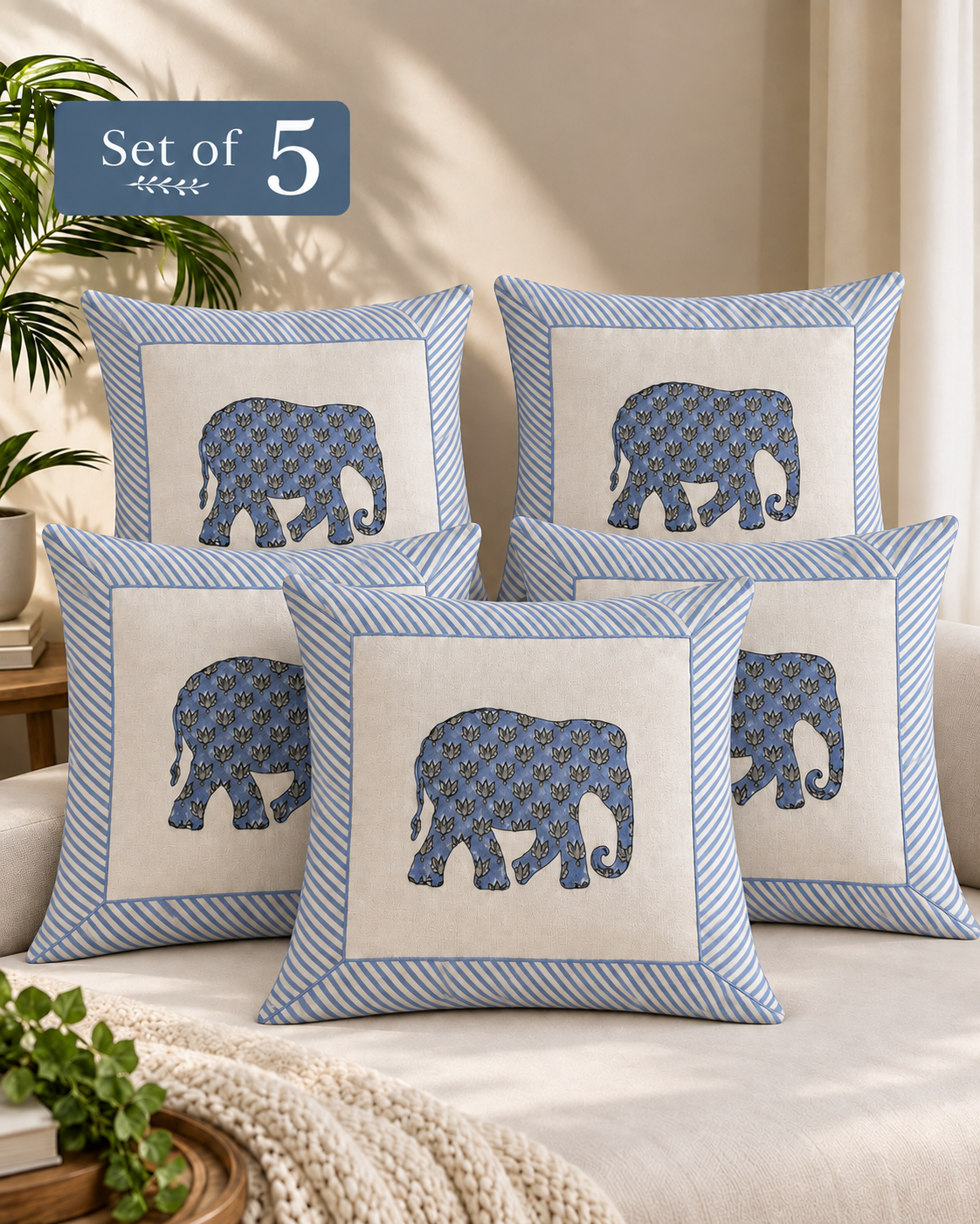 Blue Elephant Printed Cushion Covers with Striped Border – Set of 5